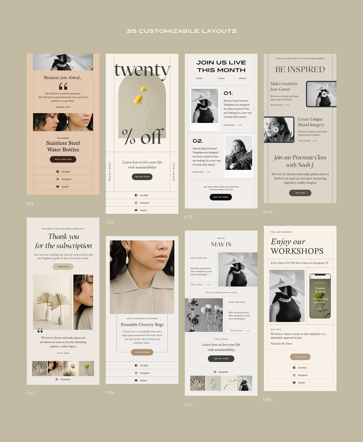 White lettering "35 customizable layouts" 8 different layouts on a gray background.