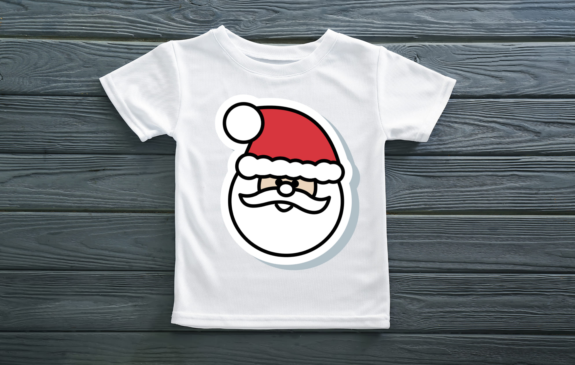 Funny Santa face on the white t-shirt.