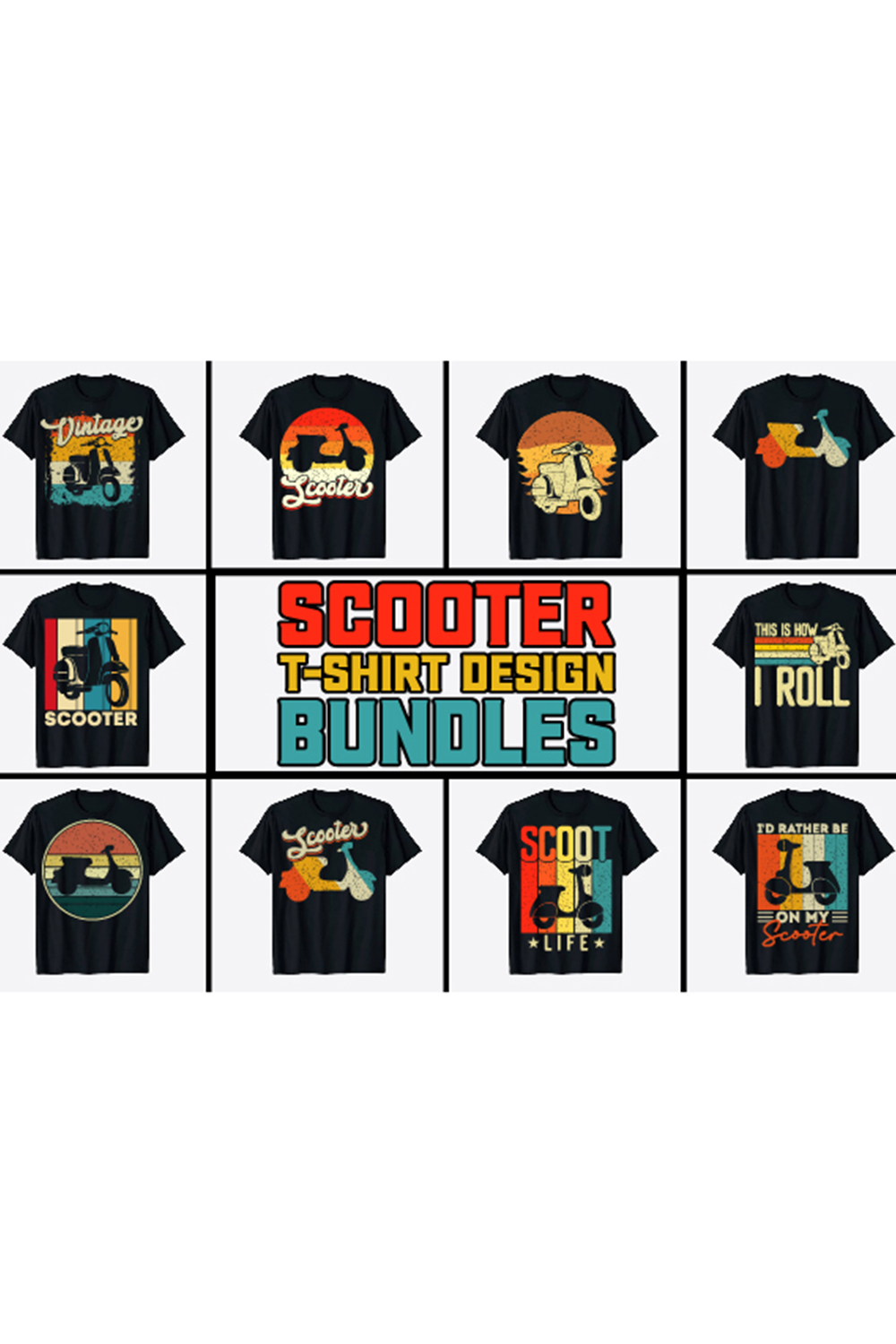 Vintage Scooter T-shirt Design Bundle pinterest image.