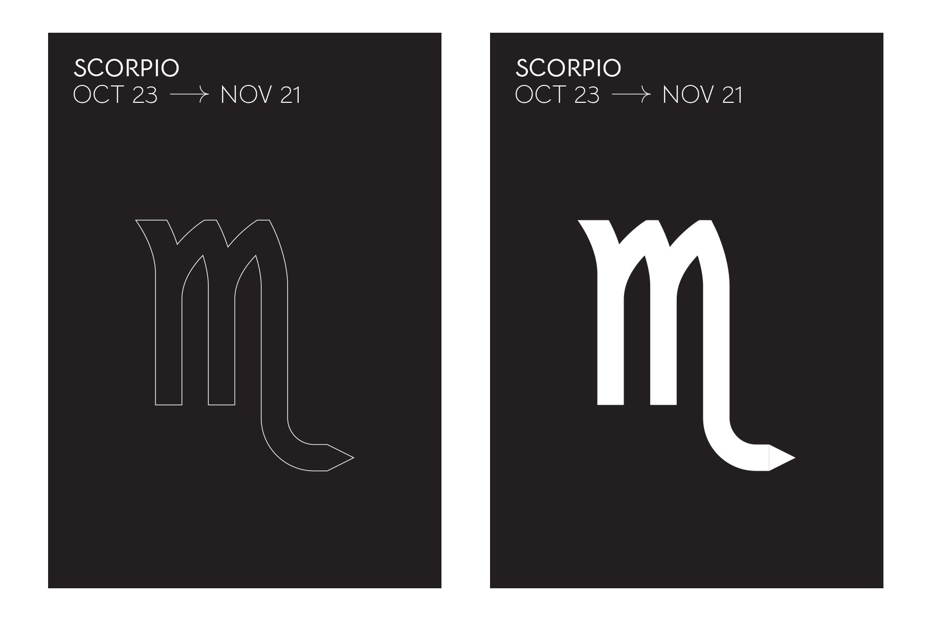 Outline and bold white Scorpio graphic.