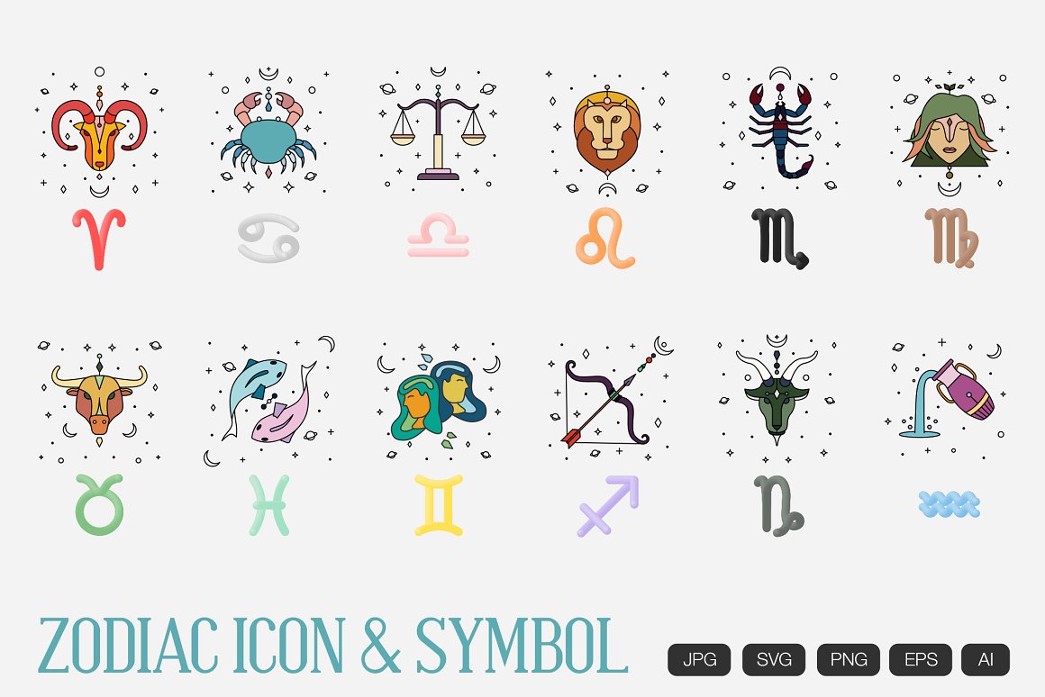 A set of 12 different colorful zodiac icon and signs on a gray background.