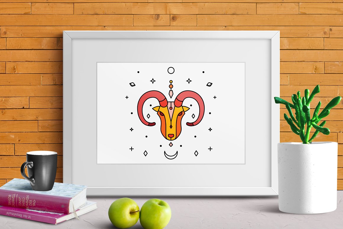 Picture with an illustration of a zodiac sign - Aries on a white background in white frame.