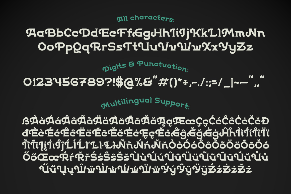 Characters and punctuation preview for Patina Font.