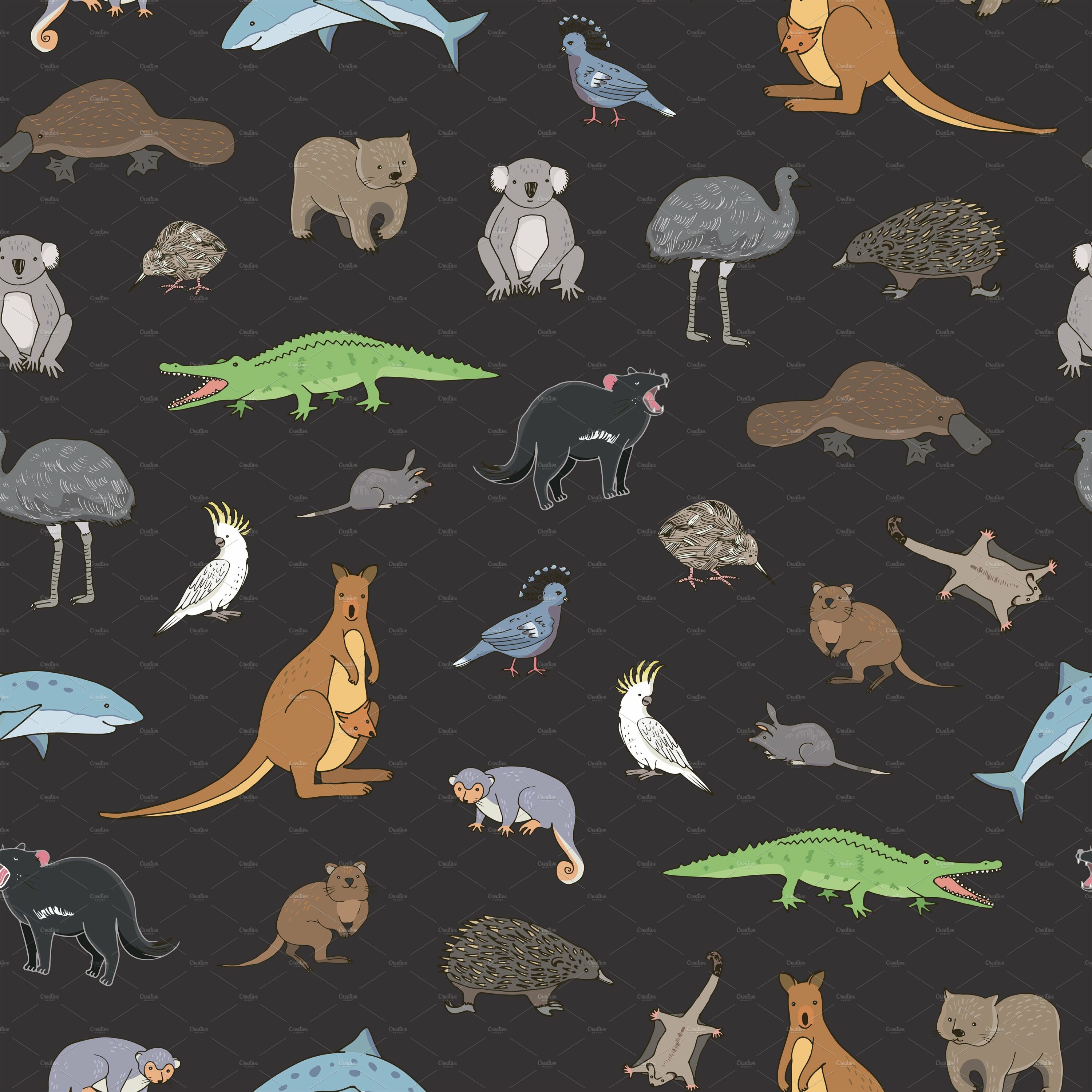 Black background with the colorful forest animals.