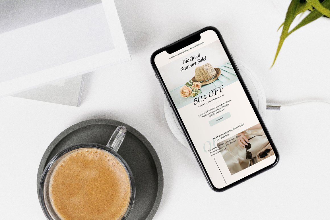 Image of gorgeous newsletter template on mobile device screen.