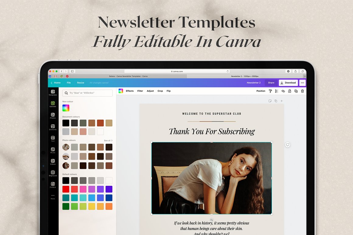 Images with color customization of an irresistible newsletter template.