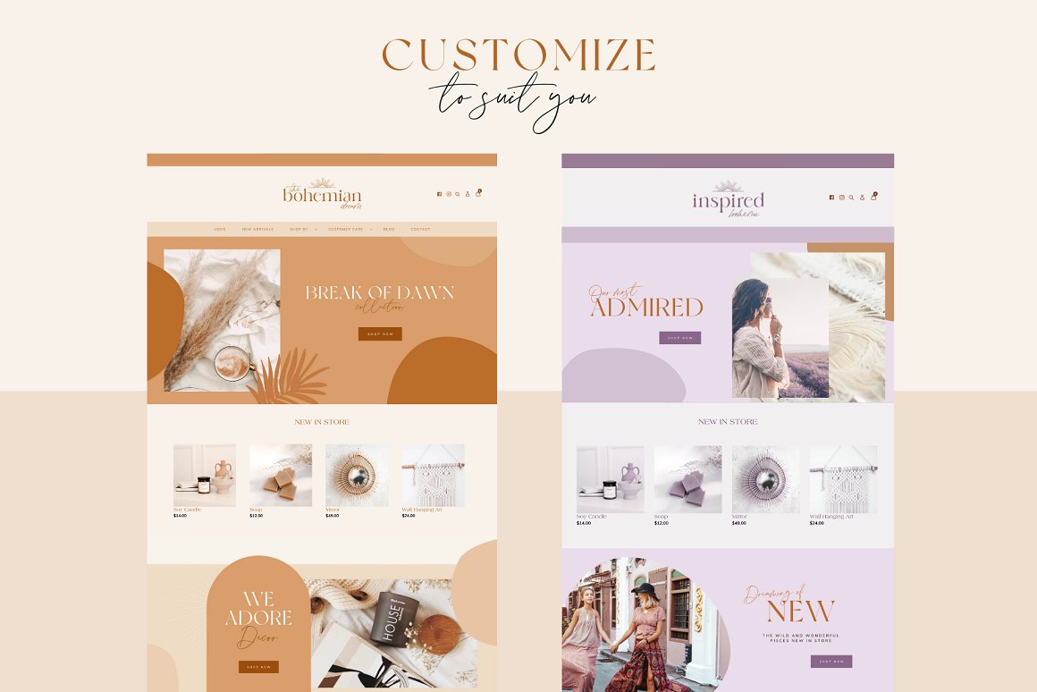 Faerie shopify theme page images in pastel colors.