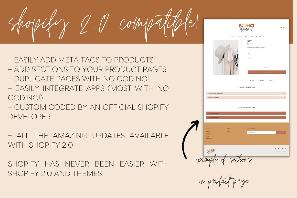 Image with a description of the properties of a vibrant Shopify template.