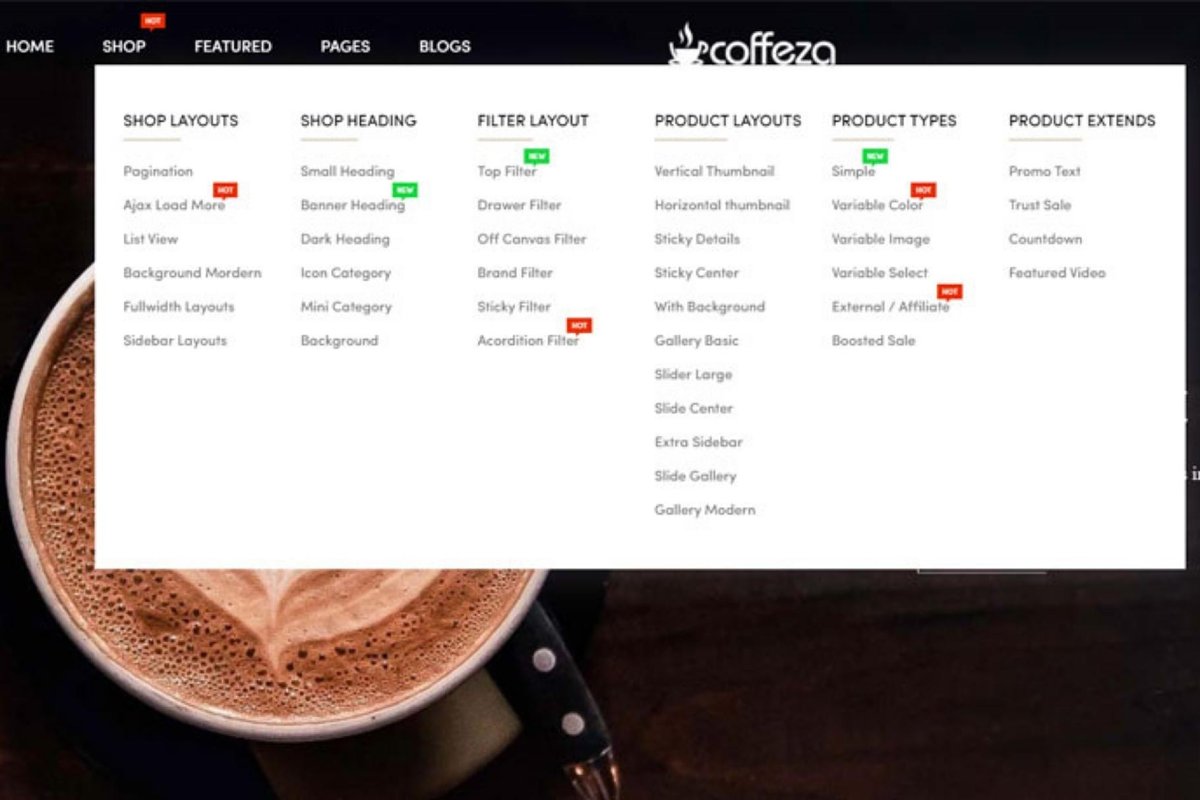 Shopify theme coffeza with shop and products menu.