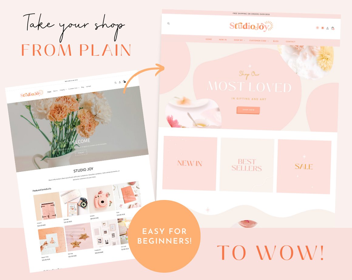 Page images of an irresistible Shopify theme in pastel colors.
