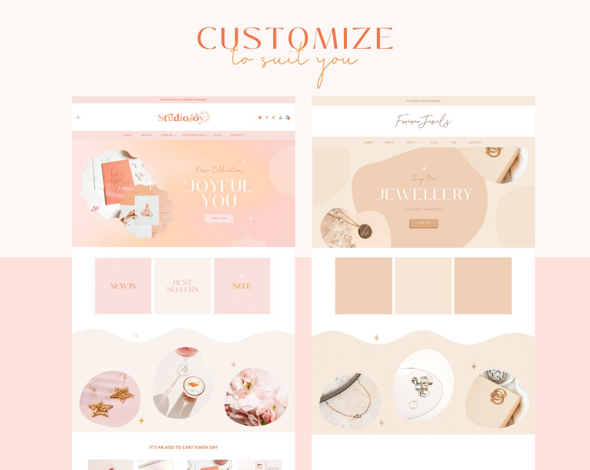 Faerie shopify theme page images in pastel colors.