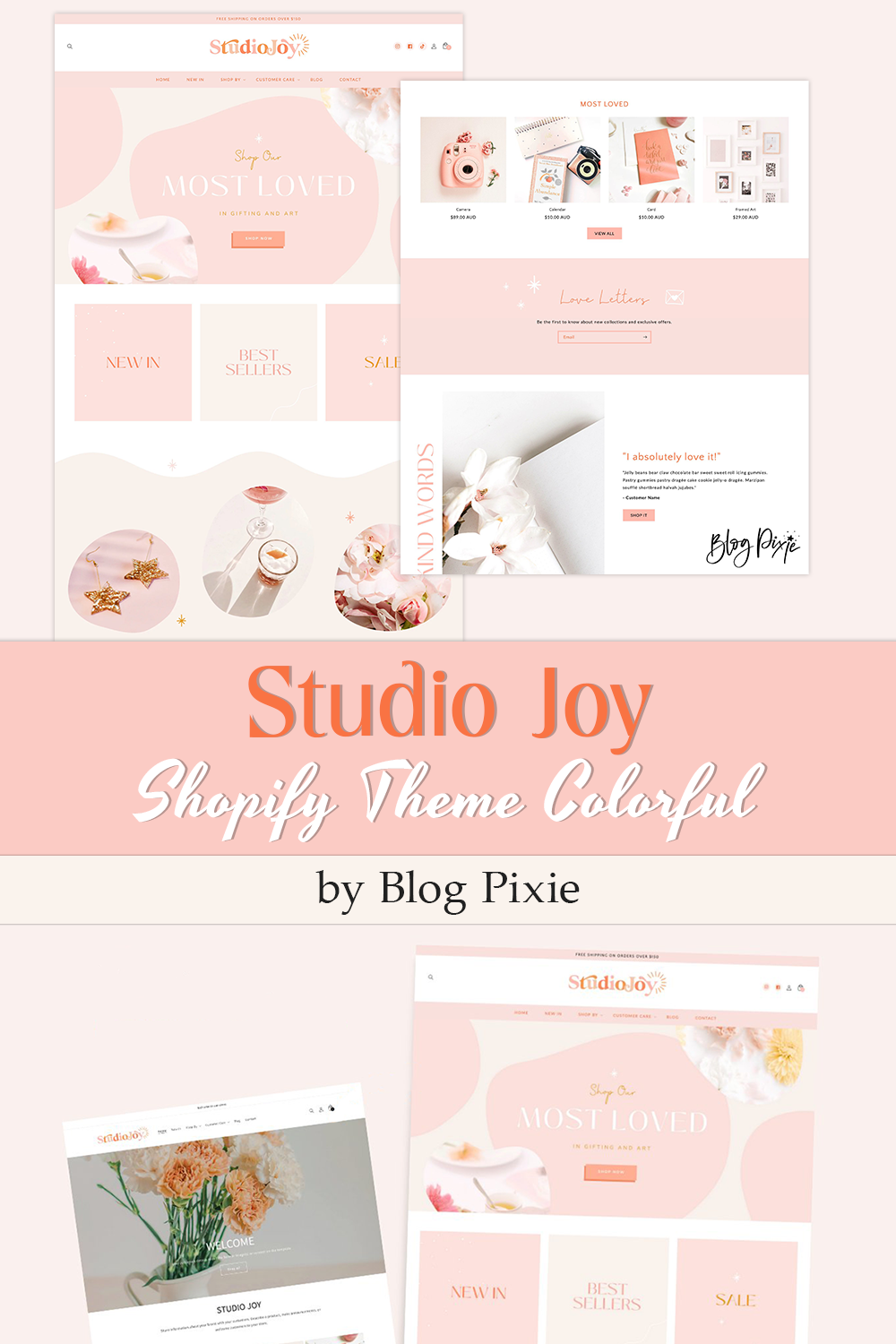 A pack of pastel colorful Shopify theme page images.