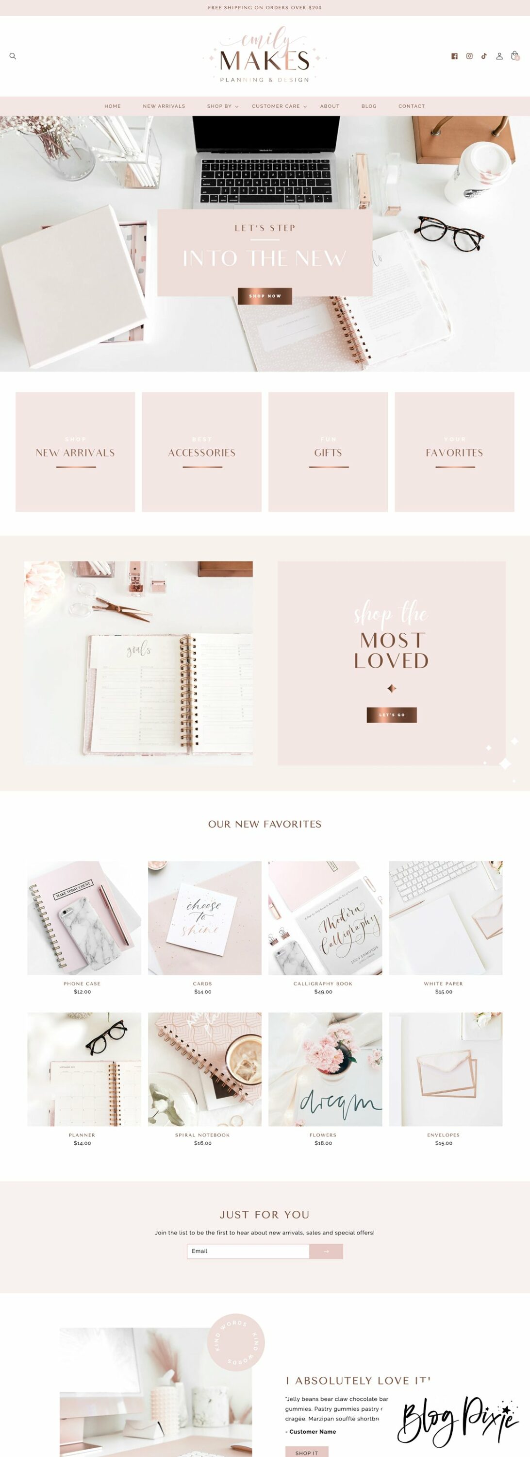 Page image of exquisite Shopify theme in rose gold colors.