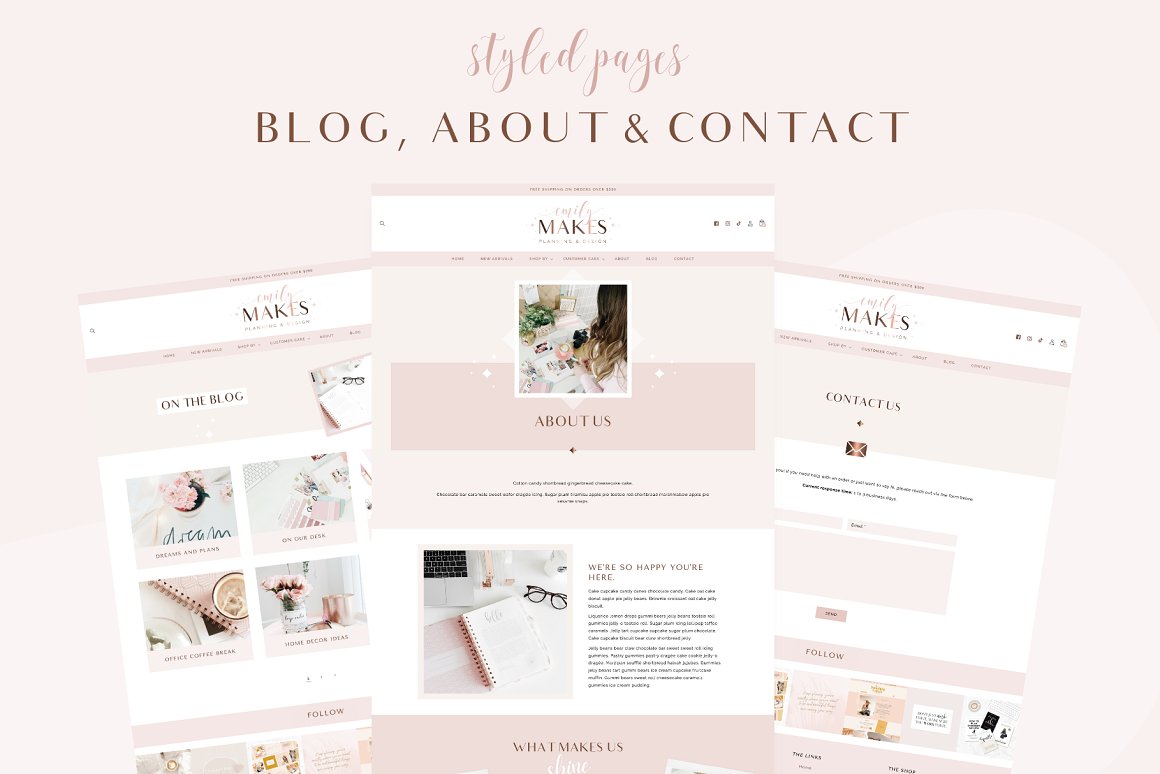 Page images of an irresistible Shopify theme in rose gold colors.