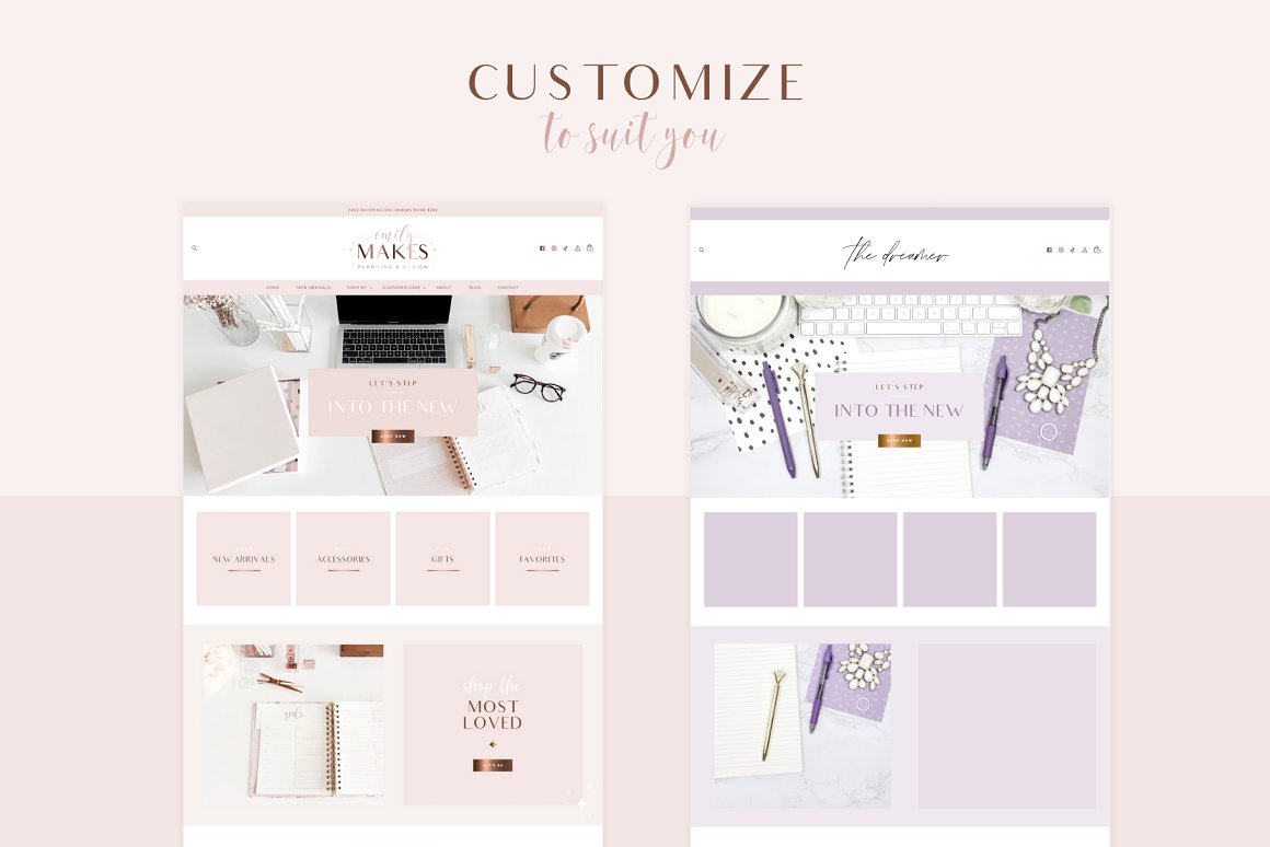 Faerie shopify theme page images in rose gold and lilac colors.