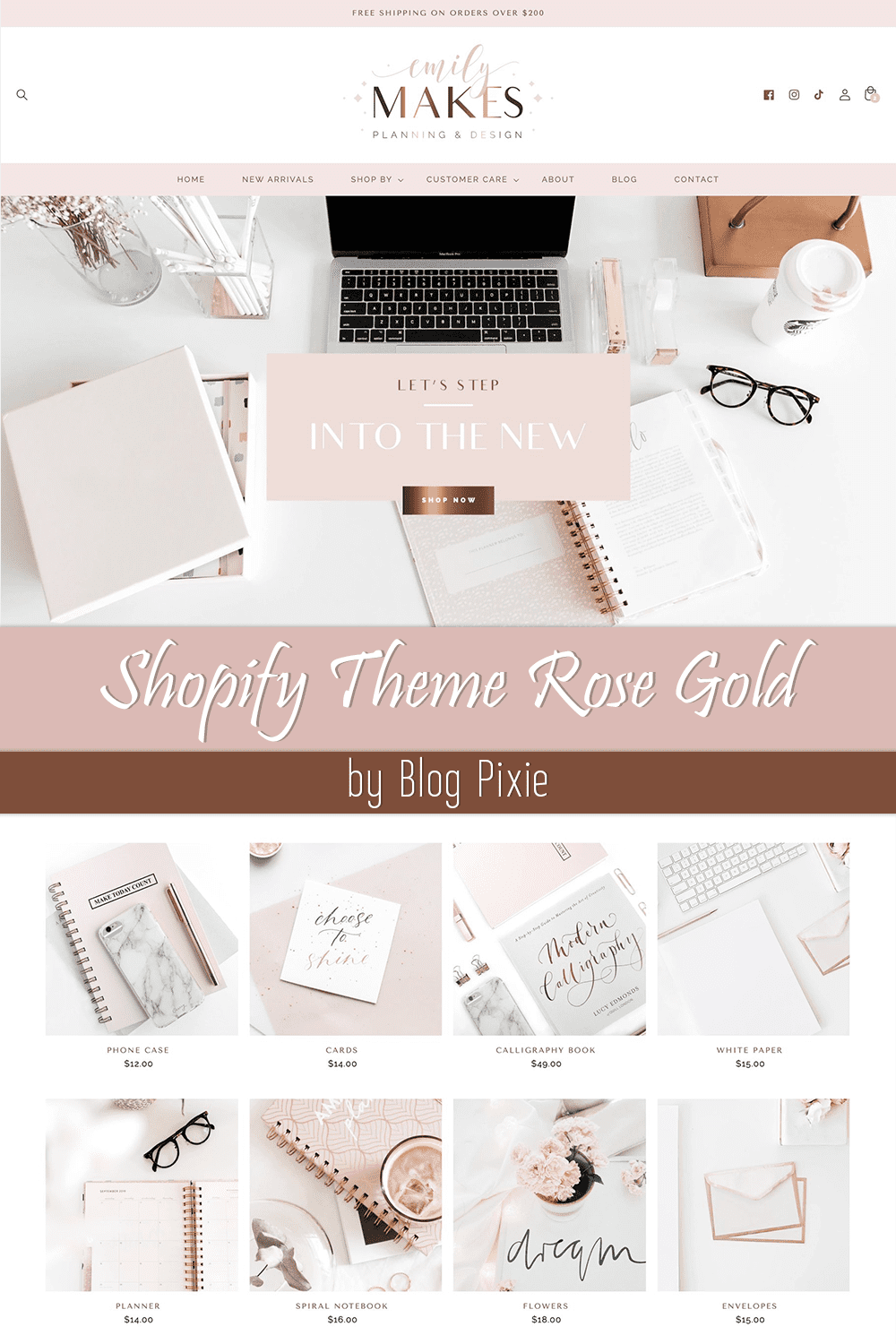 A pack of rose gold colorful Shopify theme page images.