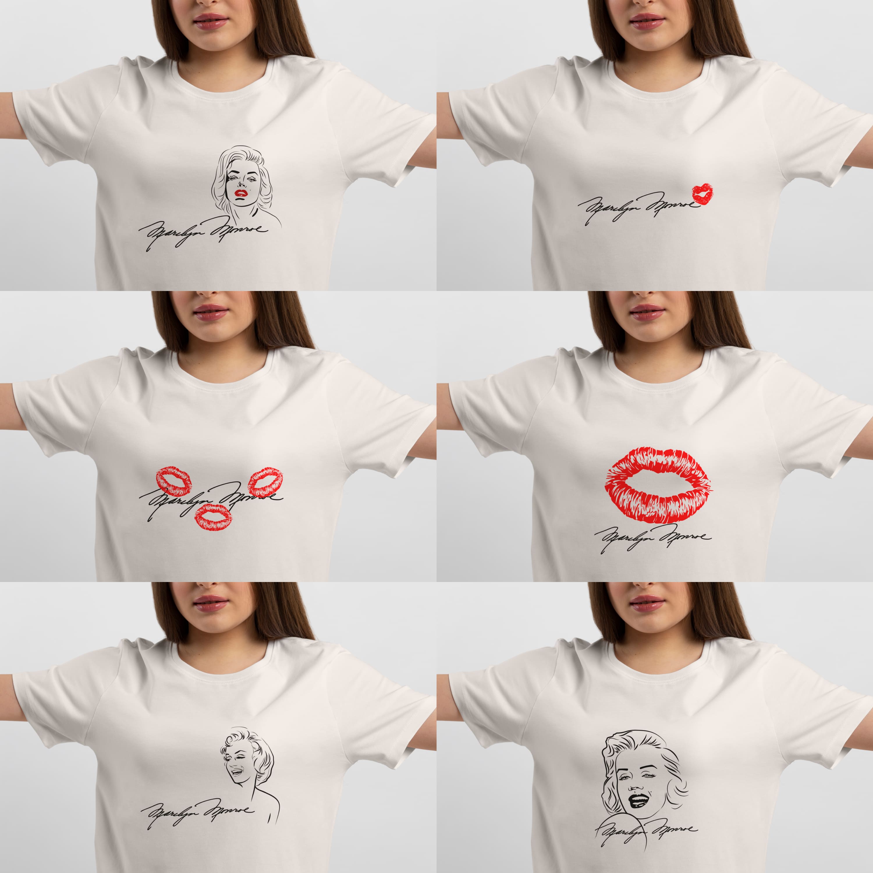 A selection of images of t-shirts with an irresistible print of Marilyn Monroe's signature.