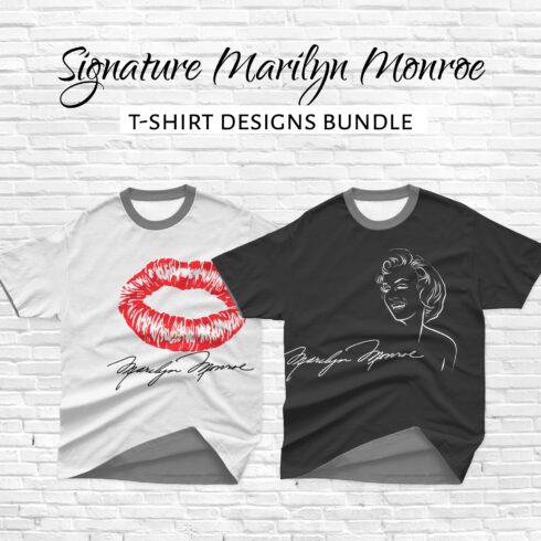Set of T-shirt images with colorful print of Marilyn Monroe signature.