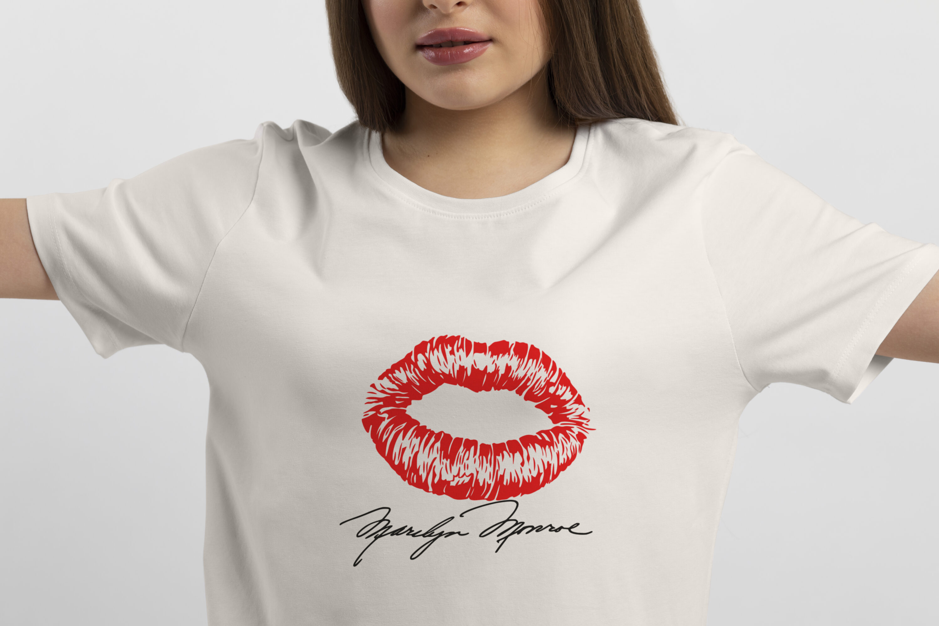mage of a white t-shirt with an adorable print of Marilyn Monroe's signature and her lips imprint.