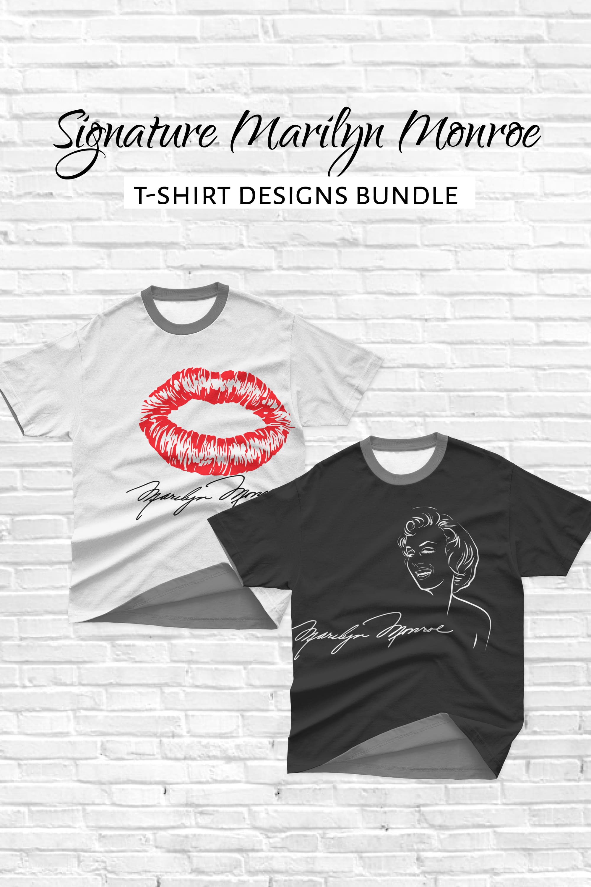 Pack of images of t-shirts with a cute print of Marilyn Monroe's signature.