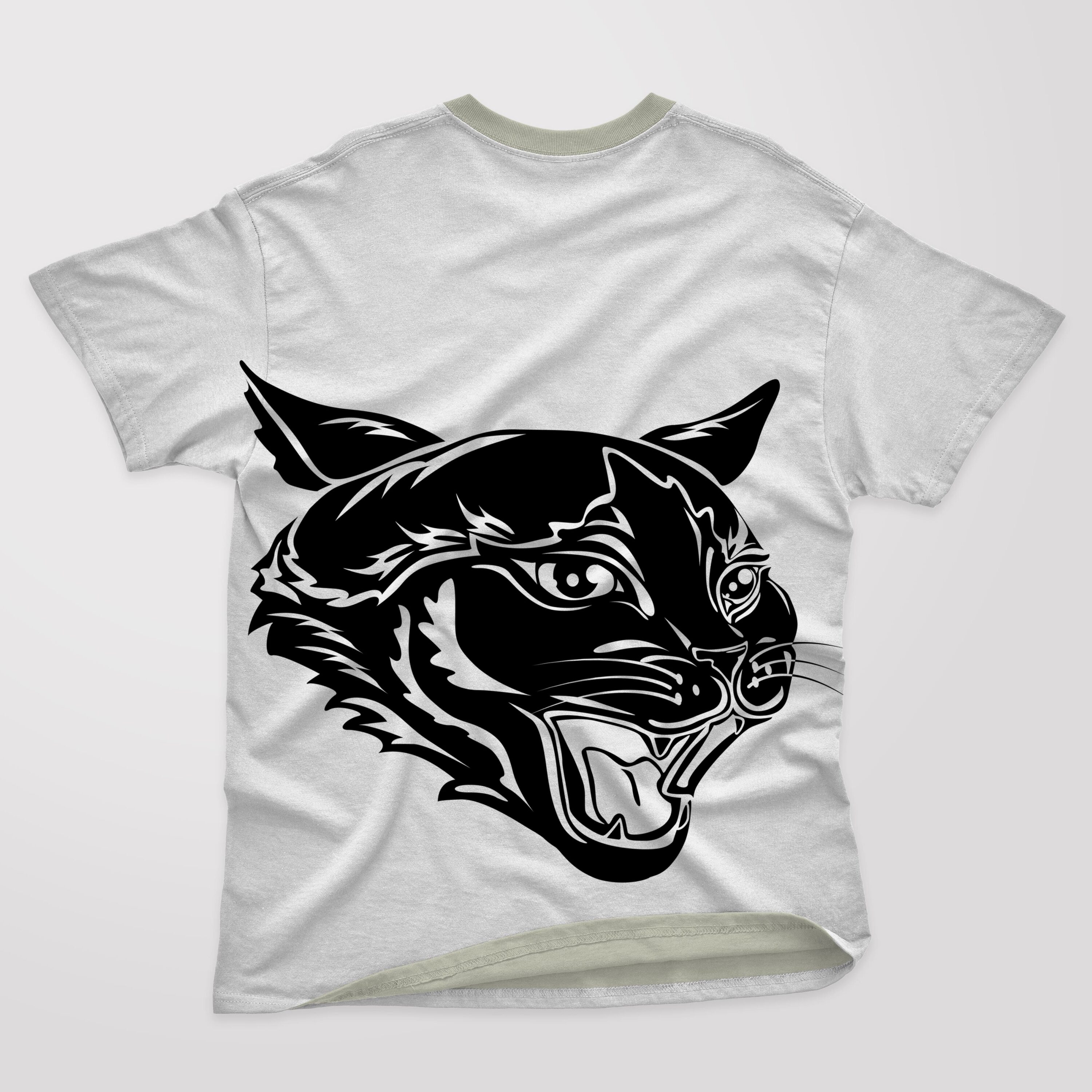 White T-shirt with a grey collar and a silhouette face of a angry cat.