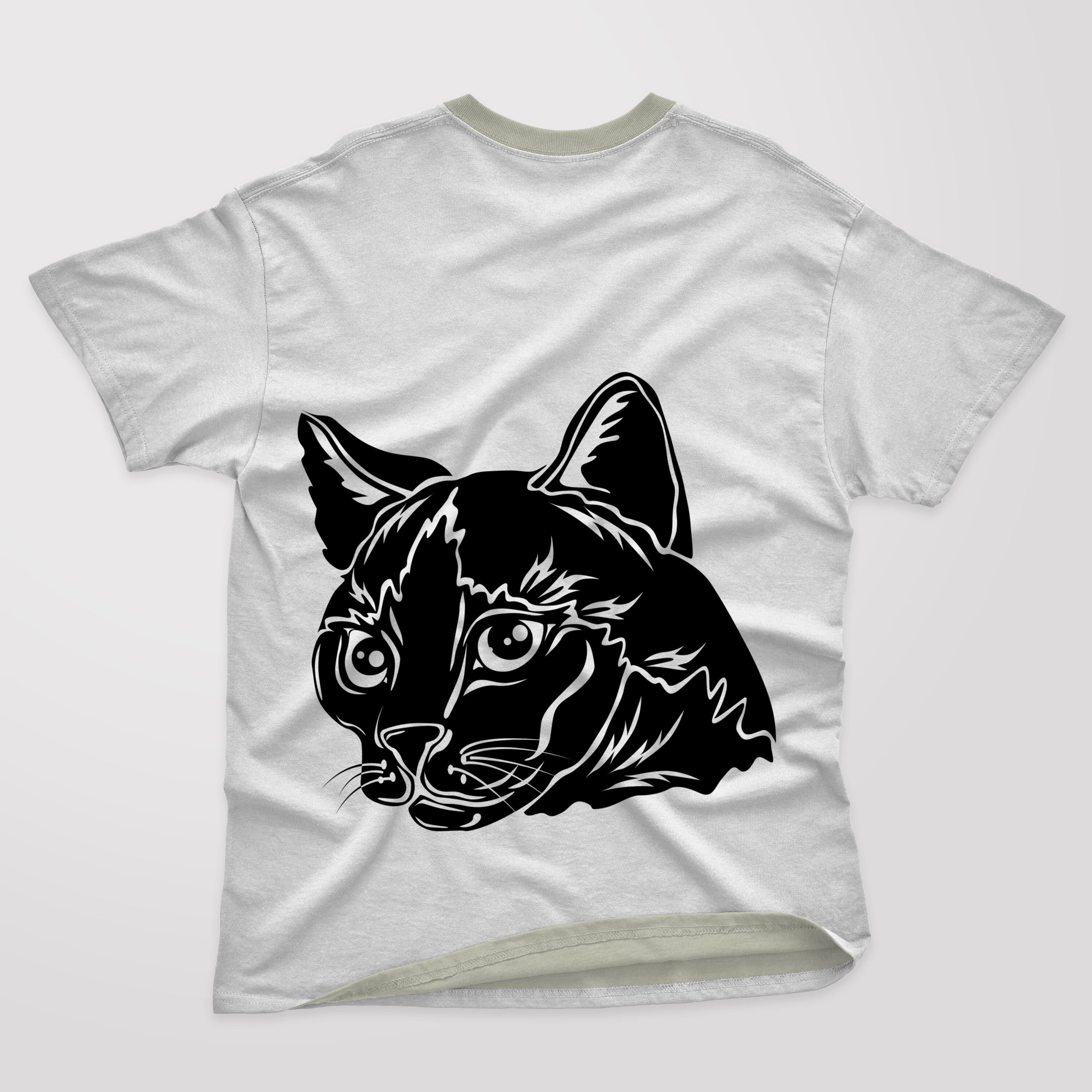 White T-shirt with a grey collar and a silhouette face of a cute cat.