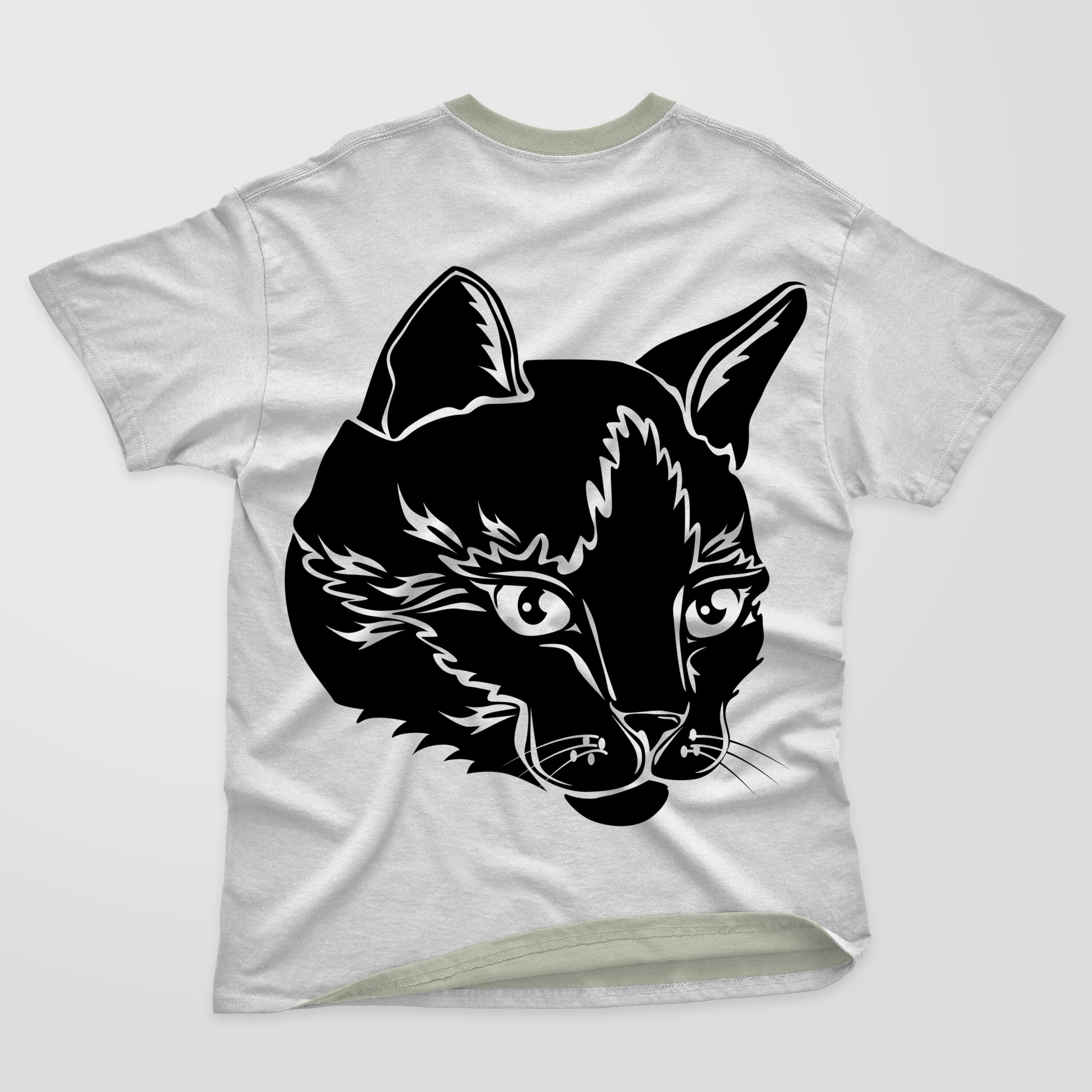 White T-shirt with a grey collar and a silhouette face of a cute cat.
