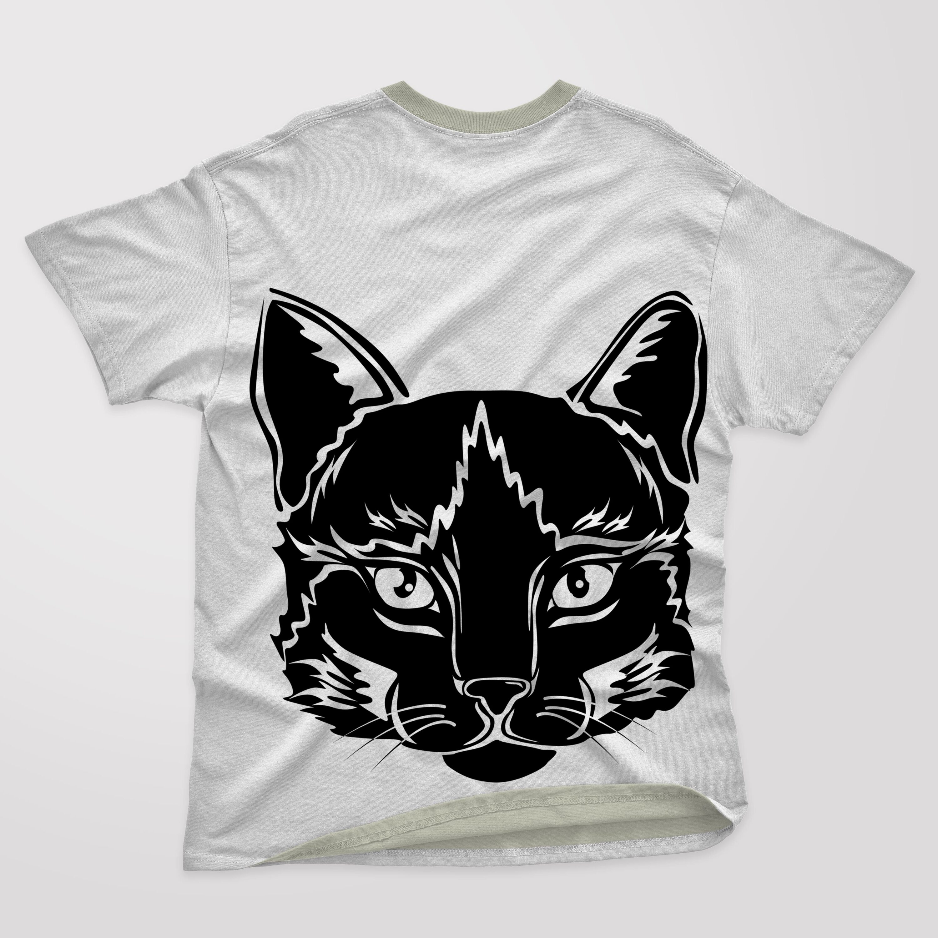 White T-shirt with a gray collar and a silhouette of a cat's face on the front.