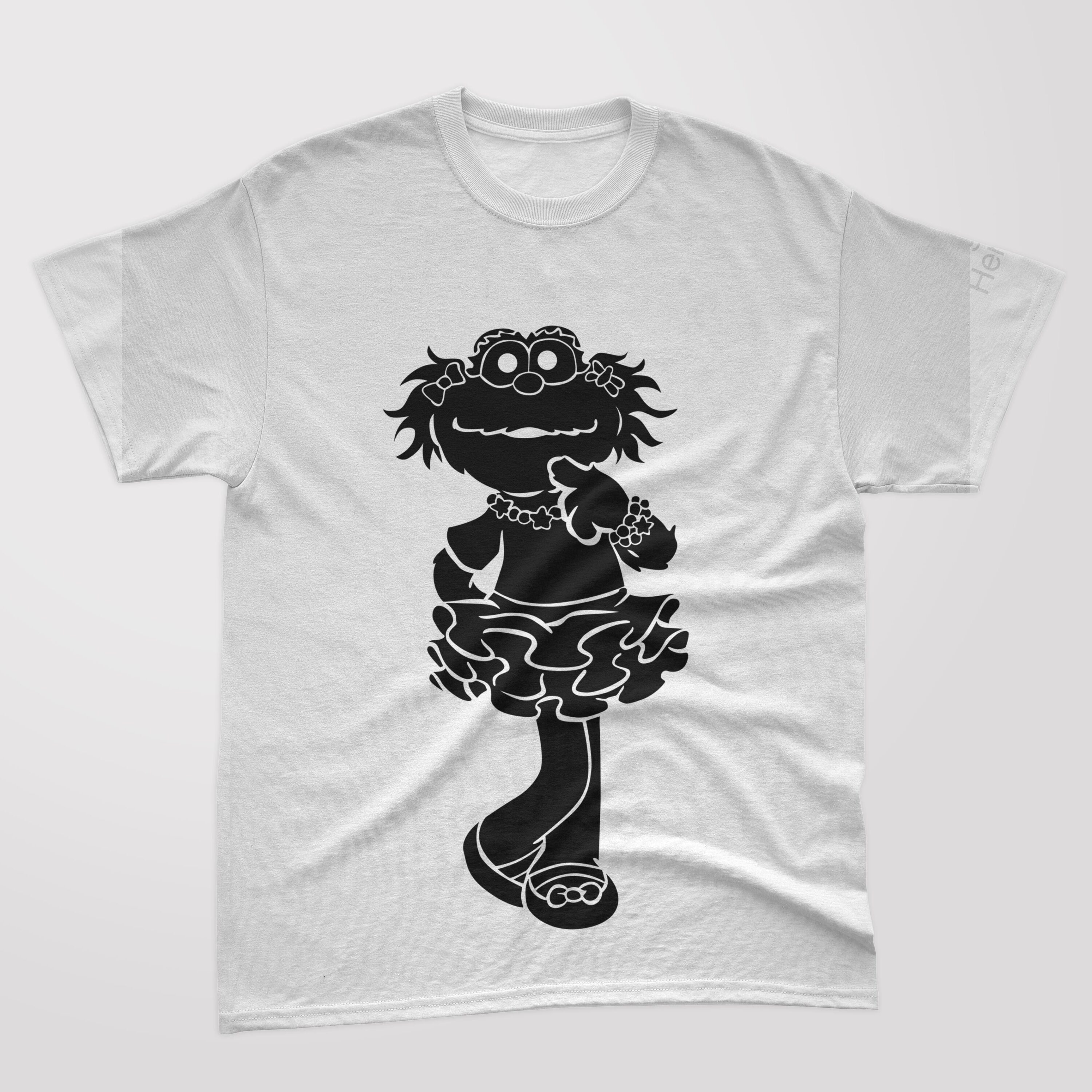 A white t-shirt with a black silhouette dance cookie monster.