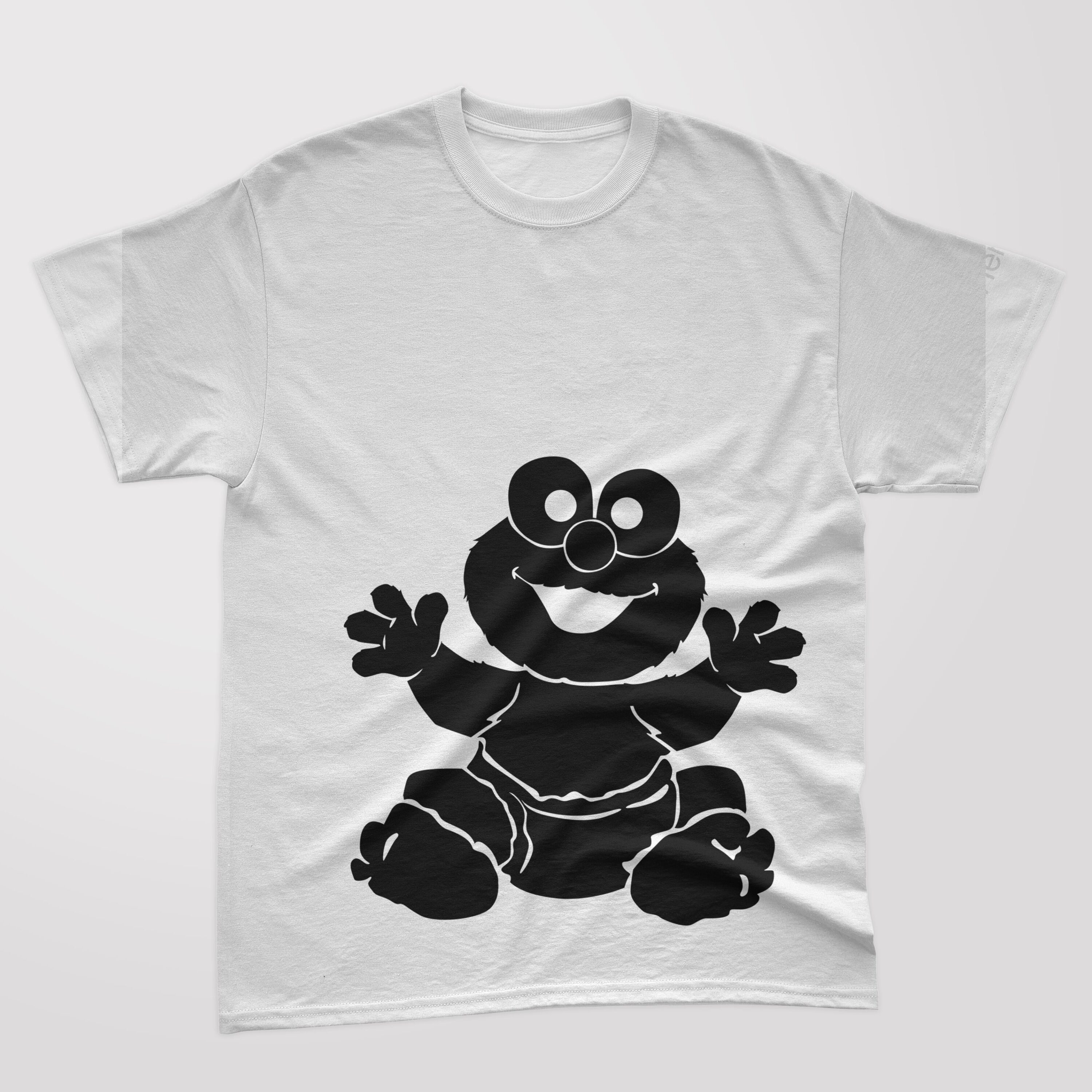 A white t-shirt with a black silhouette baby cookie monster.