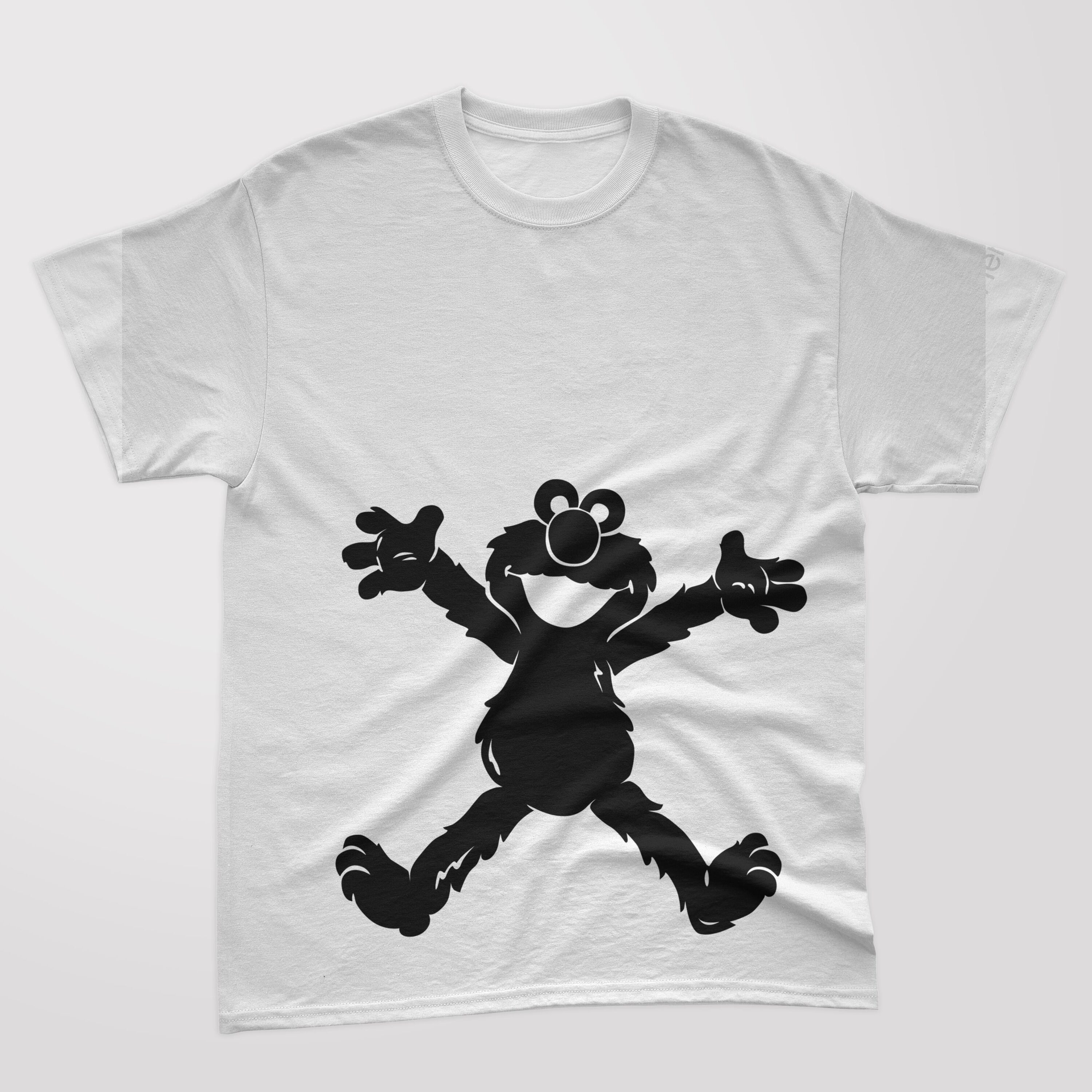 A white t-shirt with a black silhouette funny baby cookie monster.