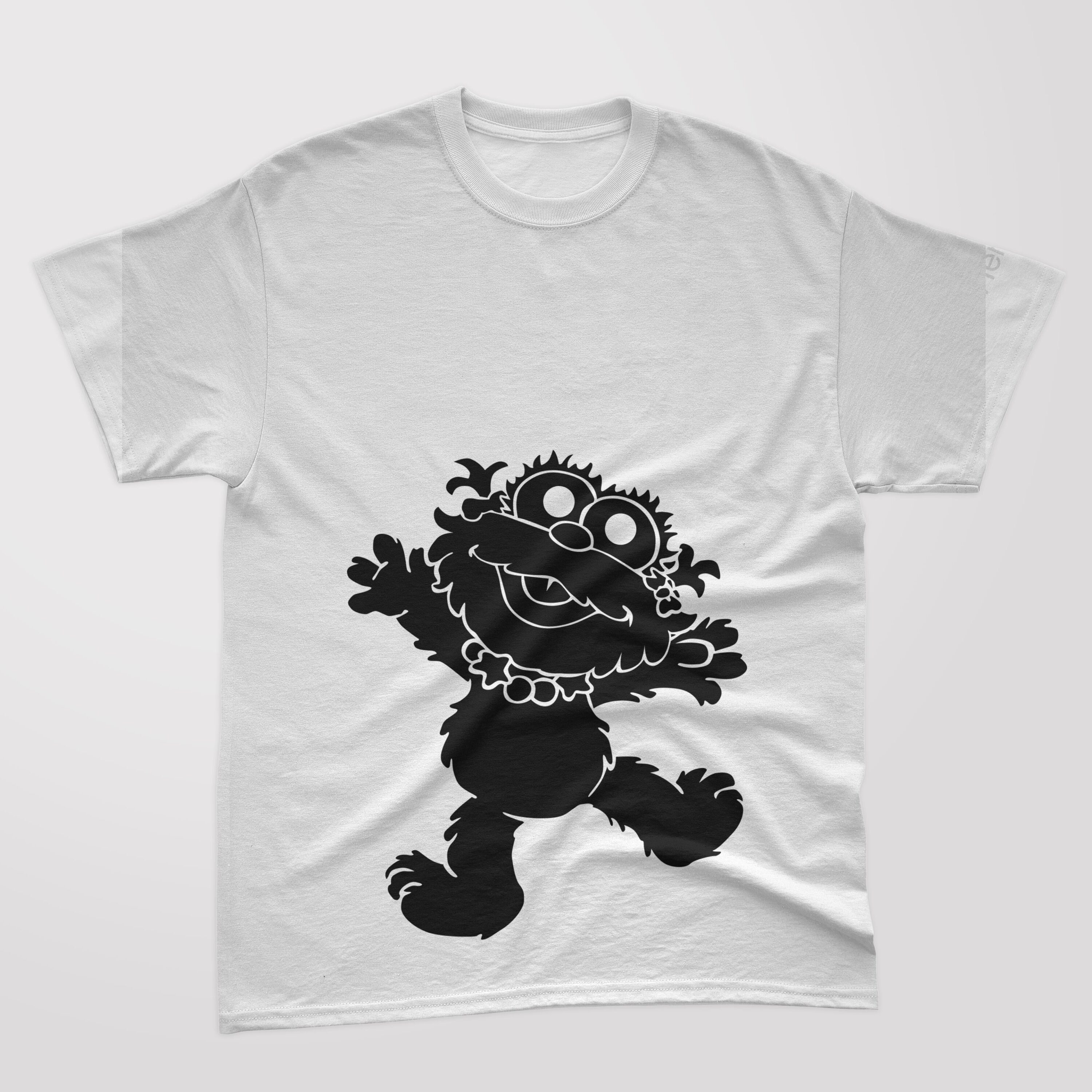 A white t-shirt with a black silhouette funny baby cookie monster.