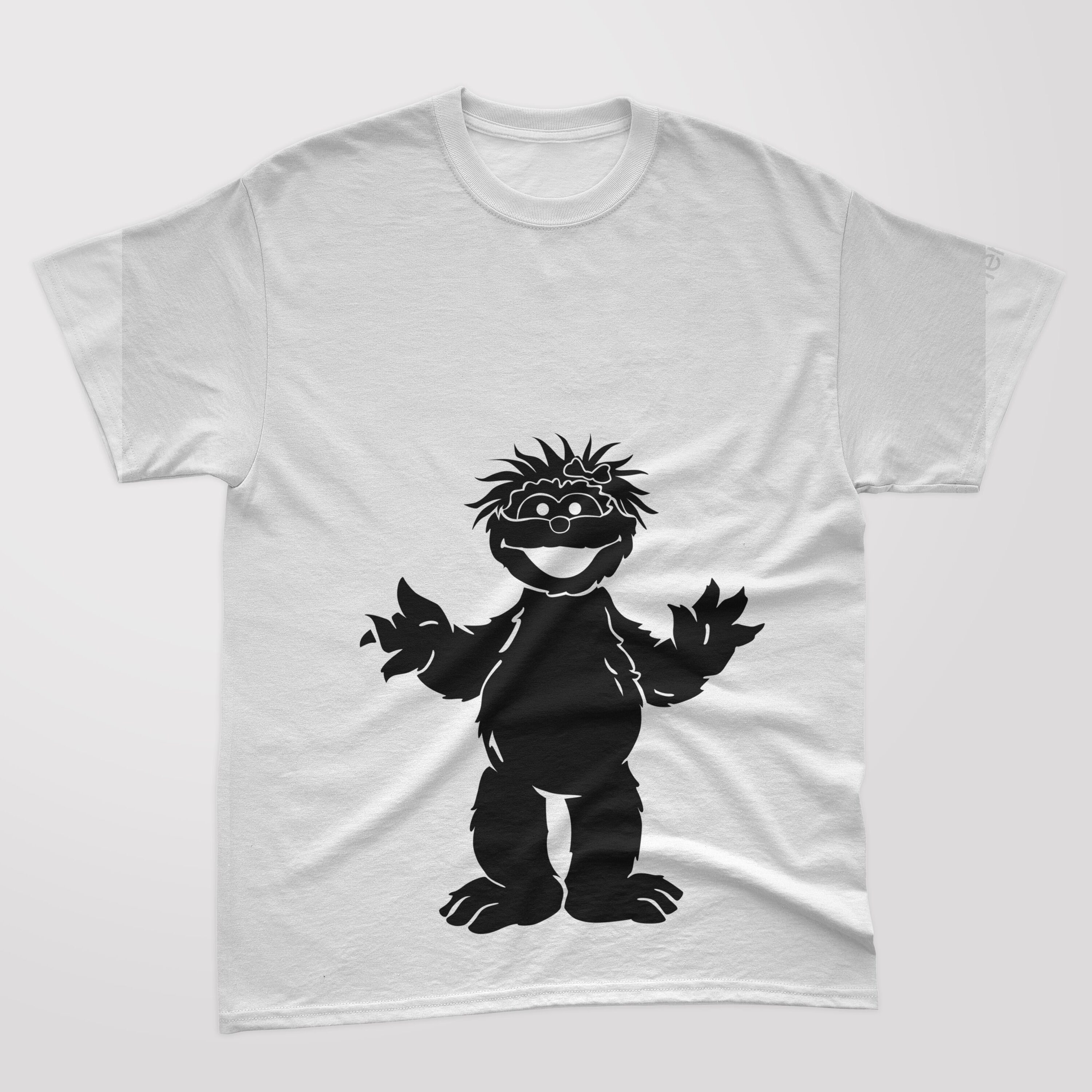 A white t-shirt with a black silhouette funny cookie monster.