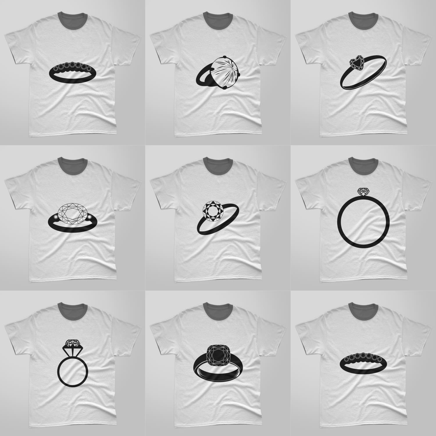 Bundle of images of t-shirts with charming prints of diamond ring silhouette.