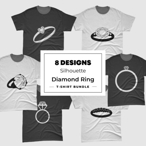 Collection of images of t-shirts with gorgeous prints of diamond ring silhouette.