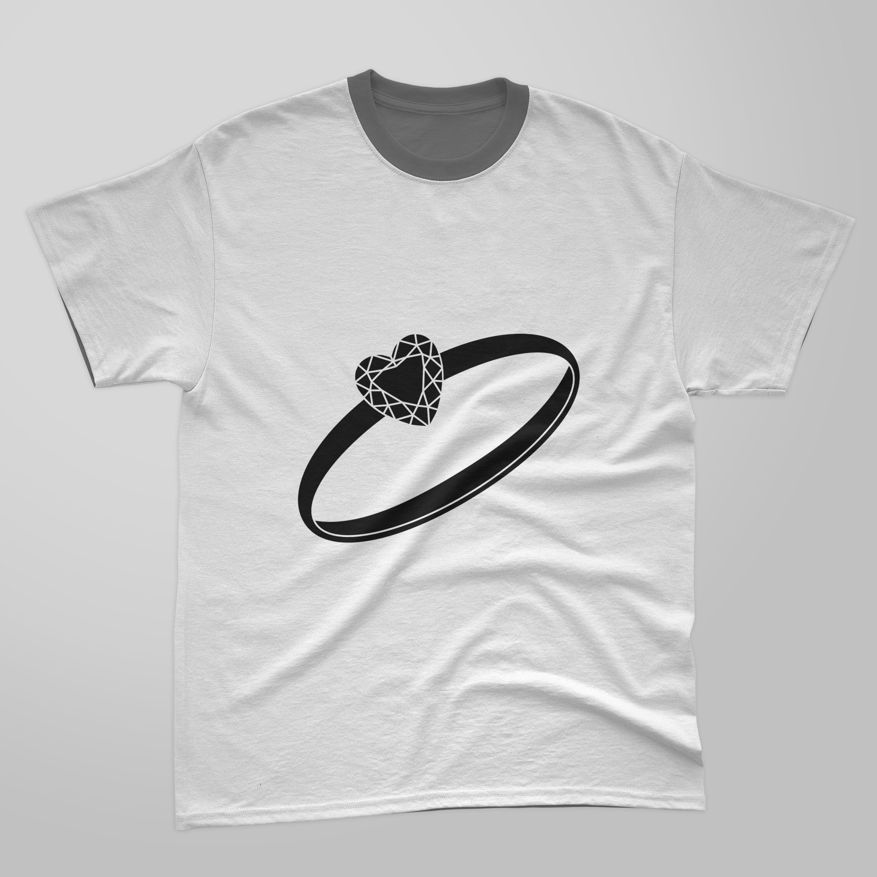 Image of t-shirt with elegant print of diamond ring silhouette.