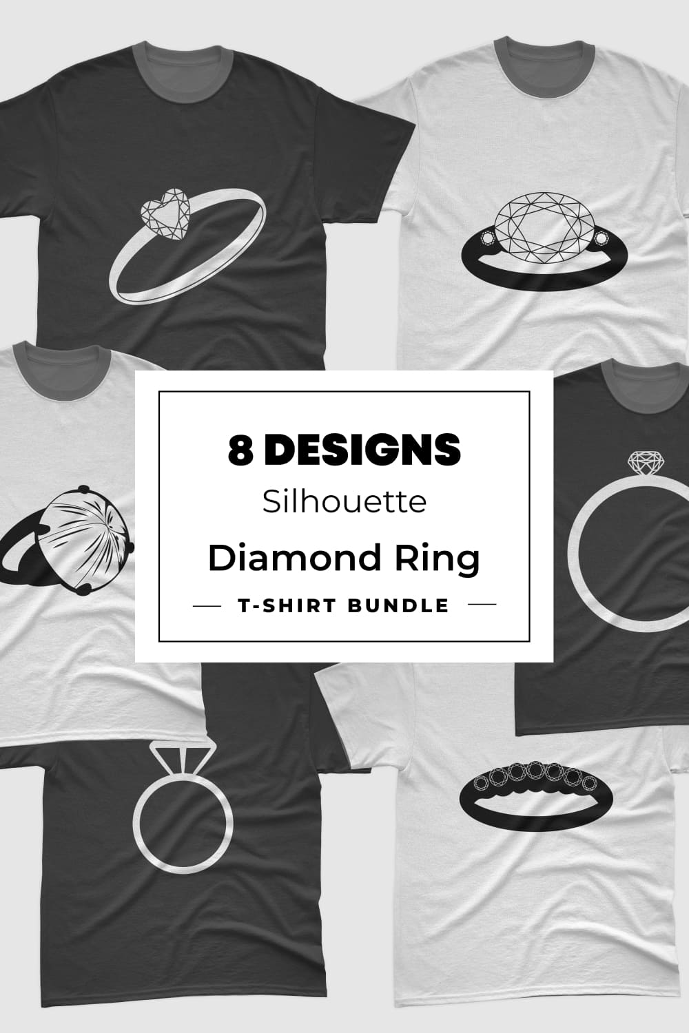 Set of t-shirt images with amazing diamond ring silhouette prints.