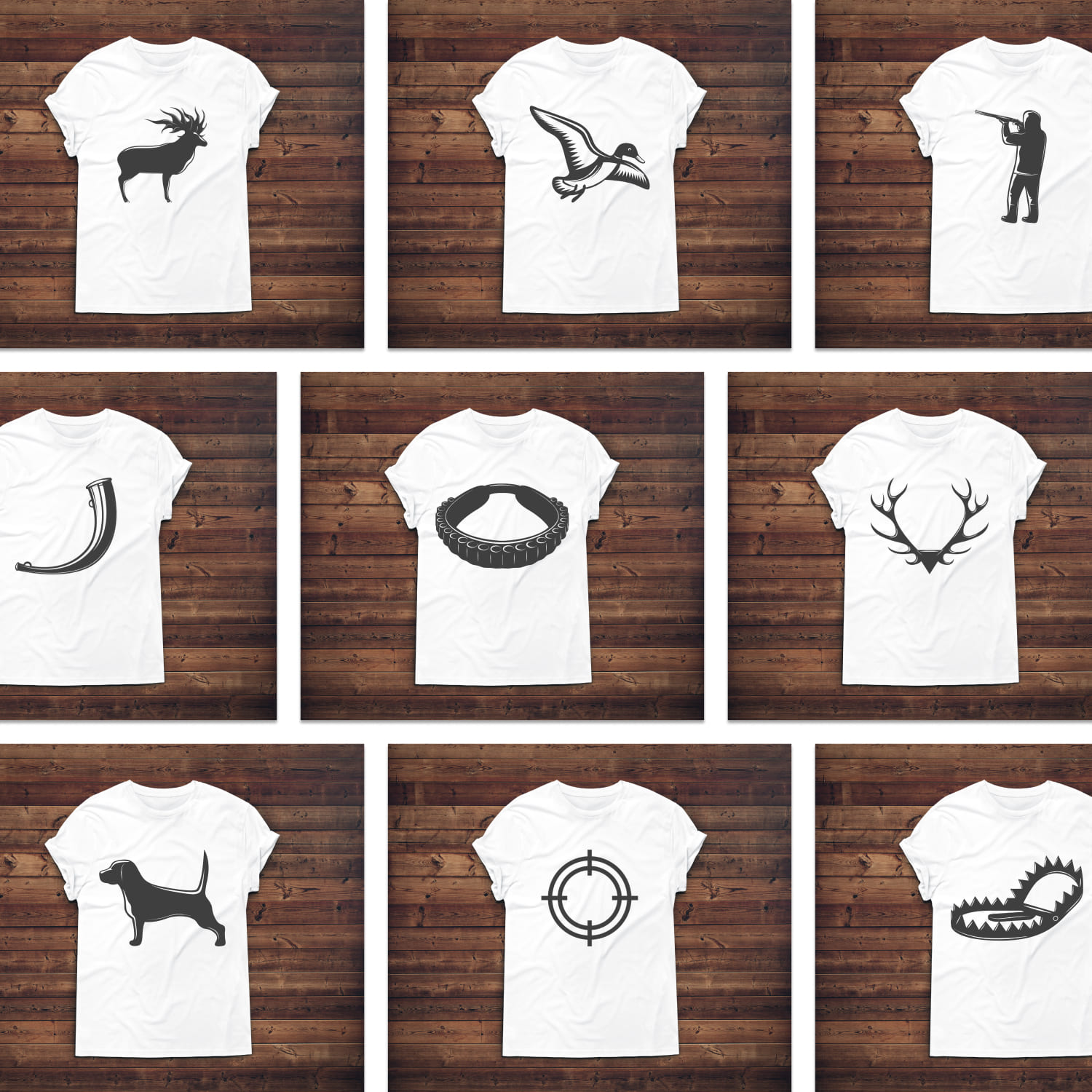 A selection of images of T-shirts with irresistible prints of silhouettes of duck hunting attributes.