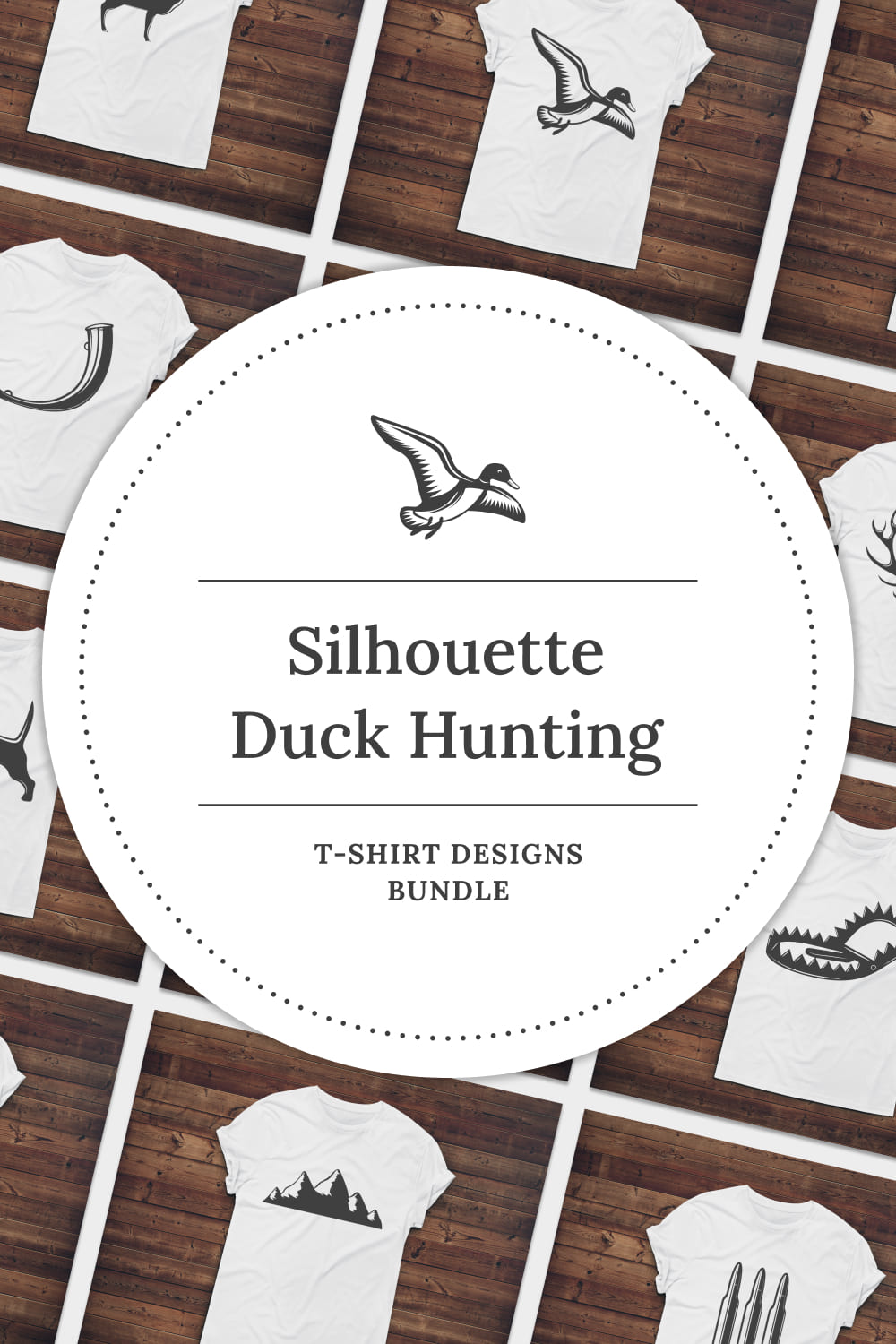 Collection of images of t-shirts with enchanting prints of silhouettes of duck hunting attributes.