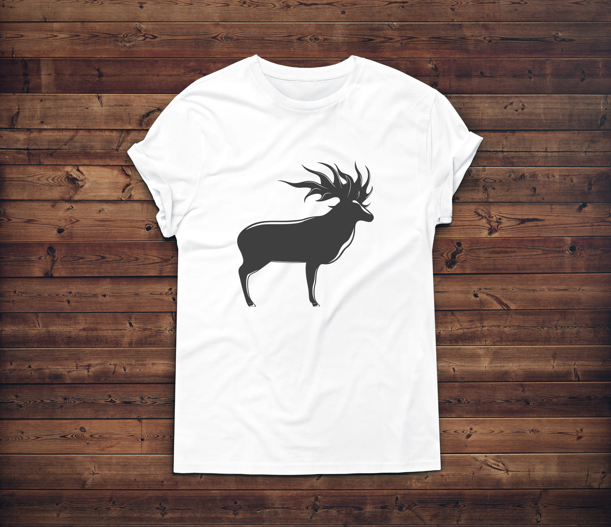 Image of a white t-shirt with a gorgeous deer silhouette print.