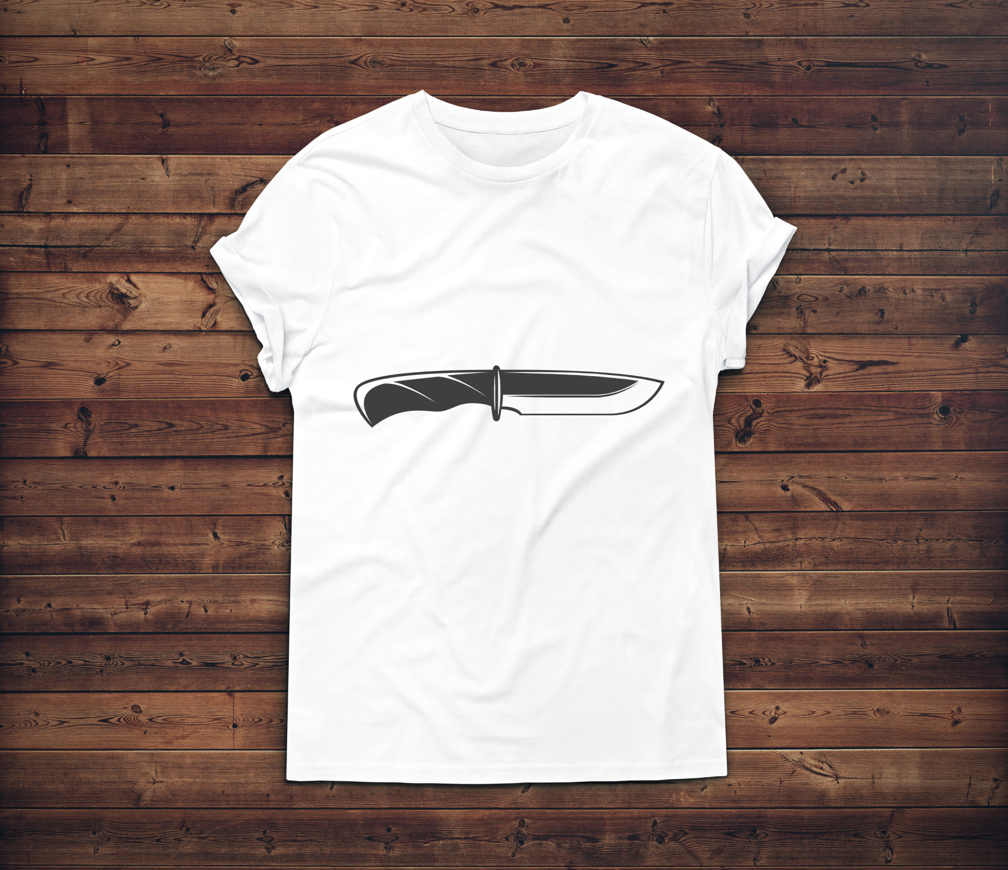 Image of a white t-shirt with an irresistible knife silhouette print.