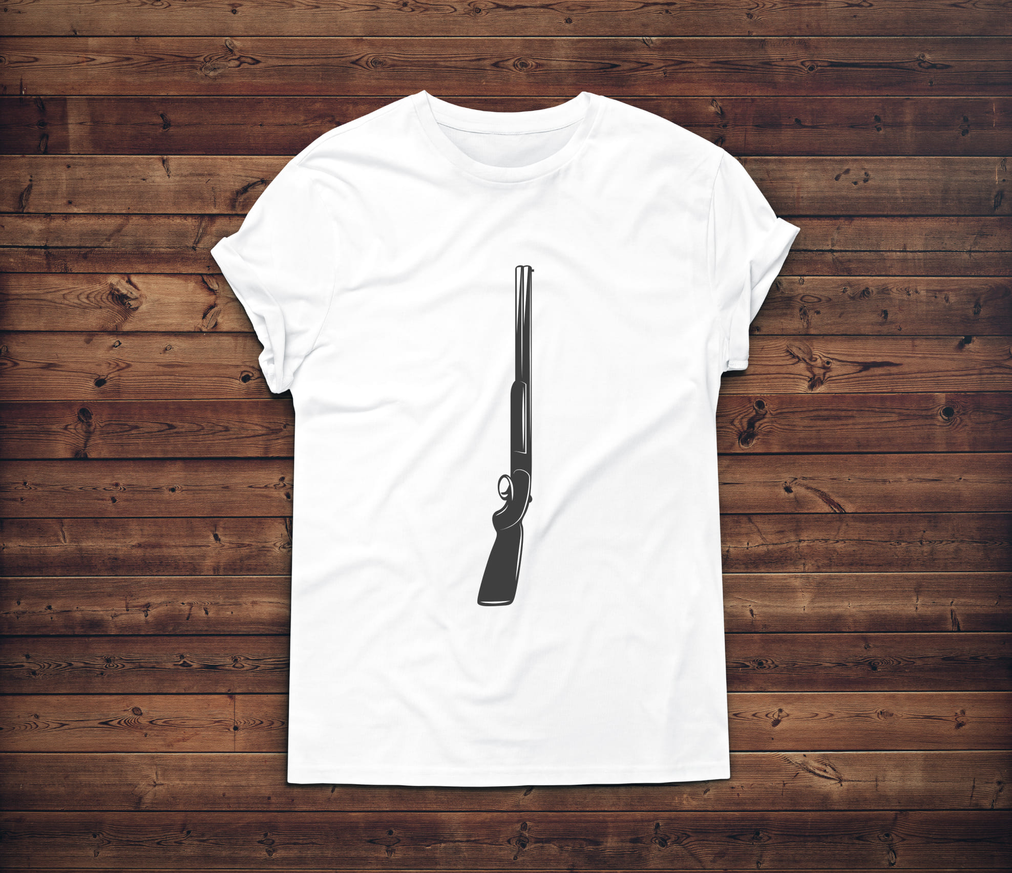 Image of a white t-shirt with an enchanting print of a silhouette of a gun.