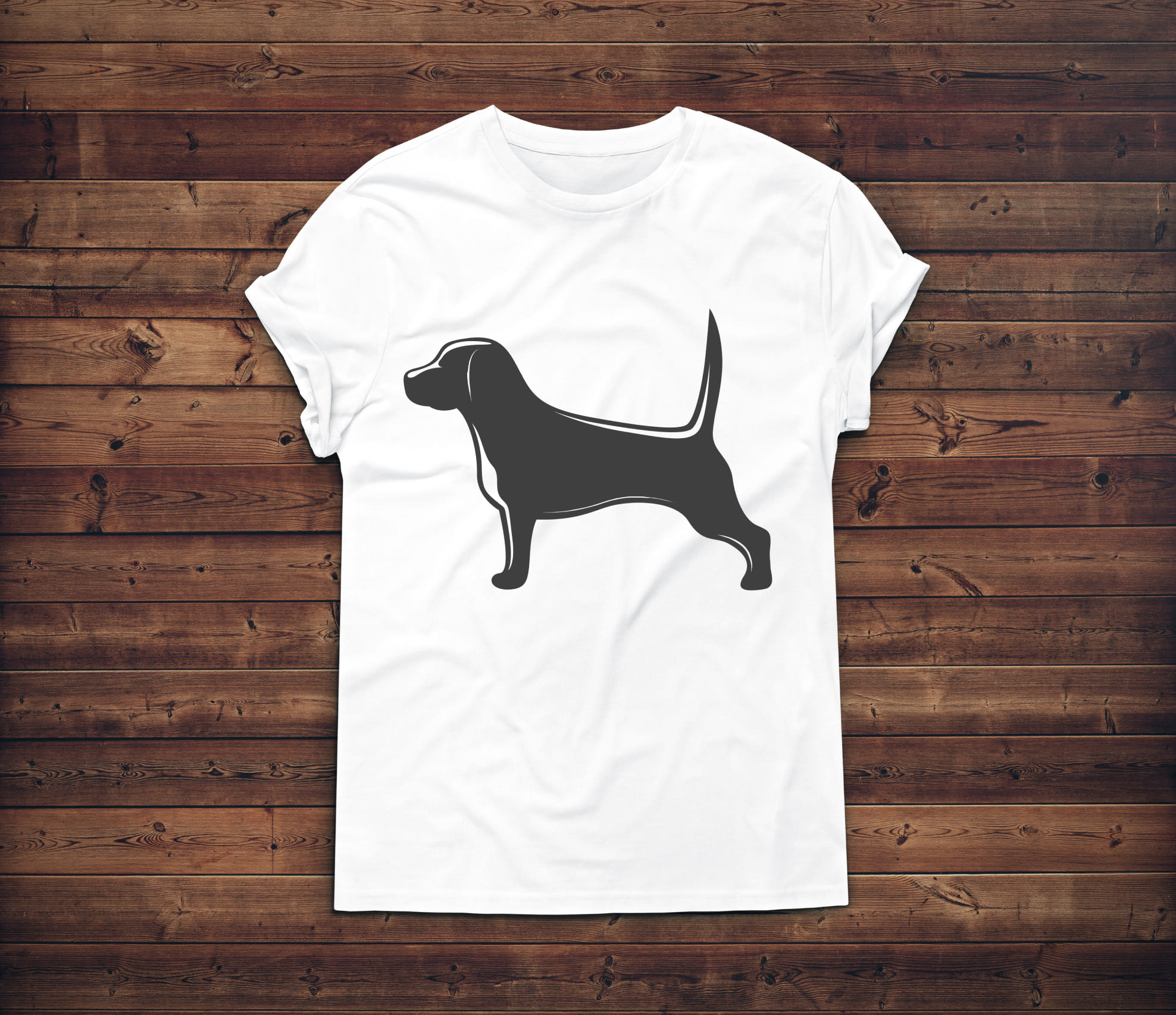 Image of a white t-shirt with a unique print of a silhouette of a hunting dog.