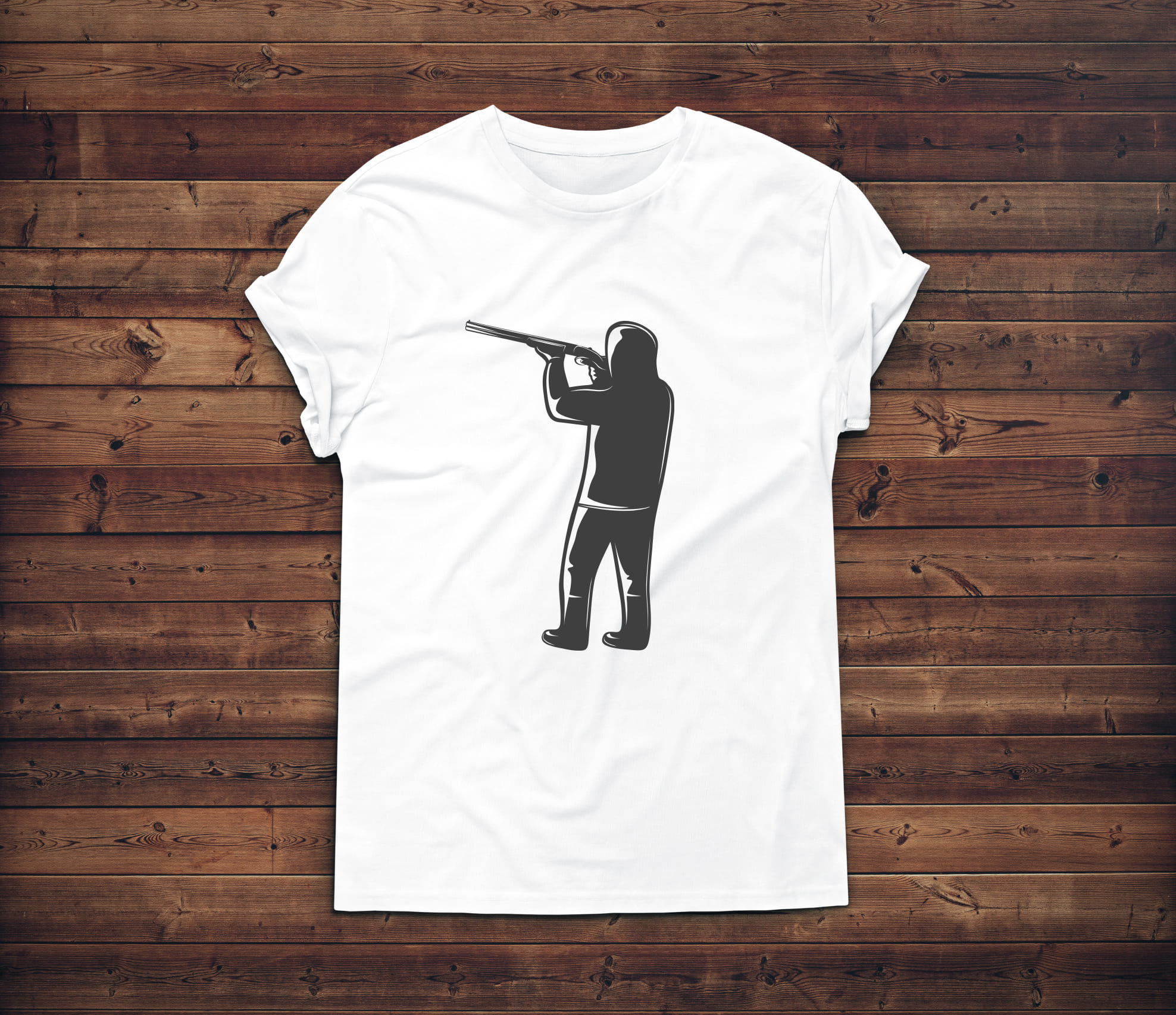Image of white t-shirt with exquisite duck hunter silhouette print.