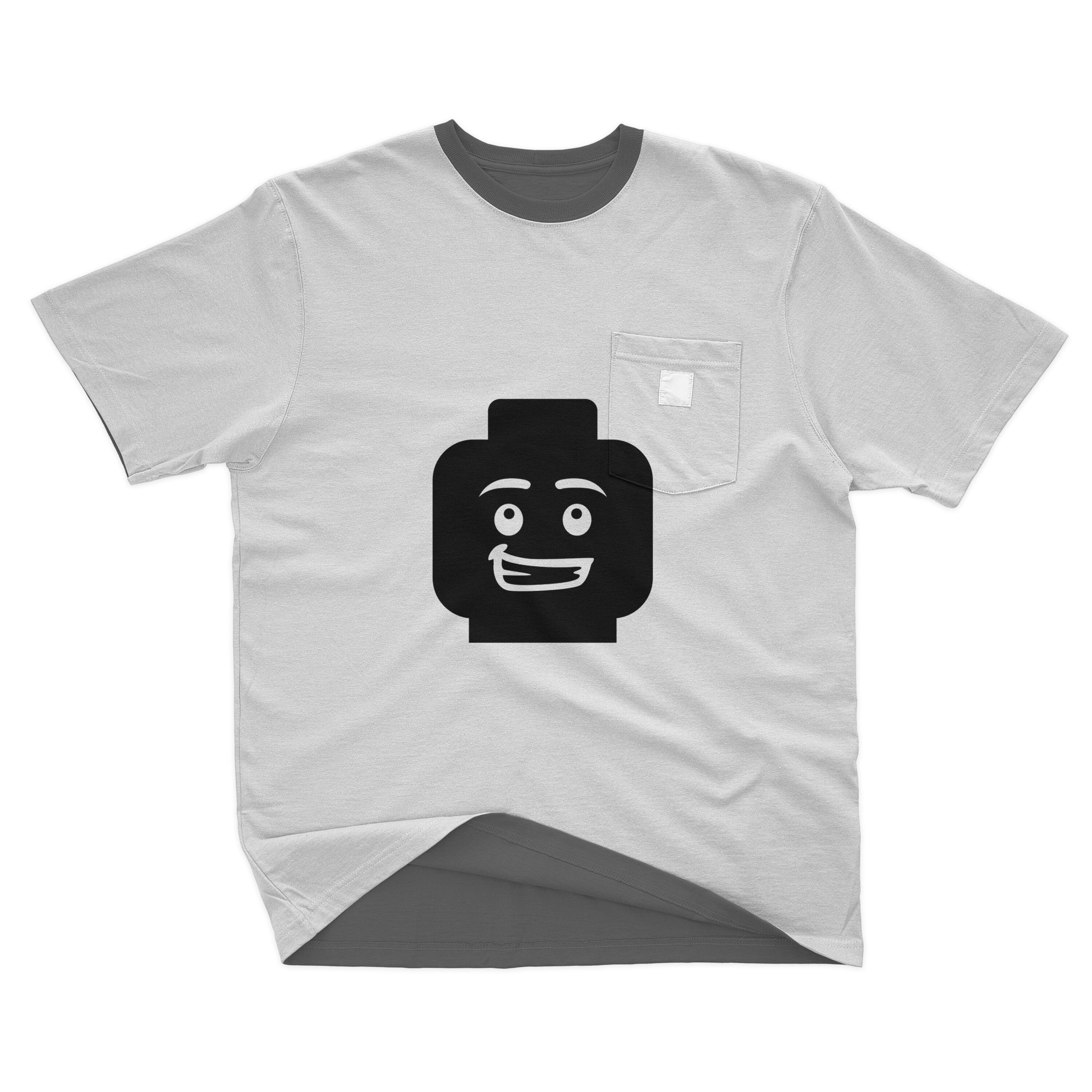 T-shirt design with smiling lego man.
