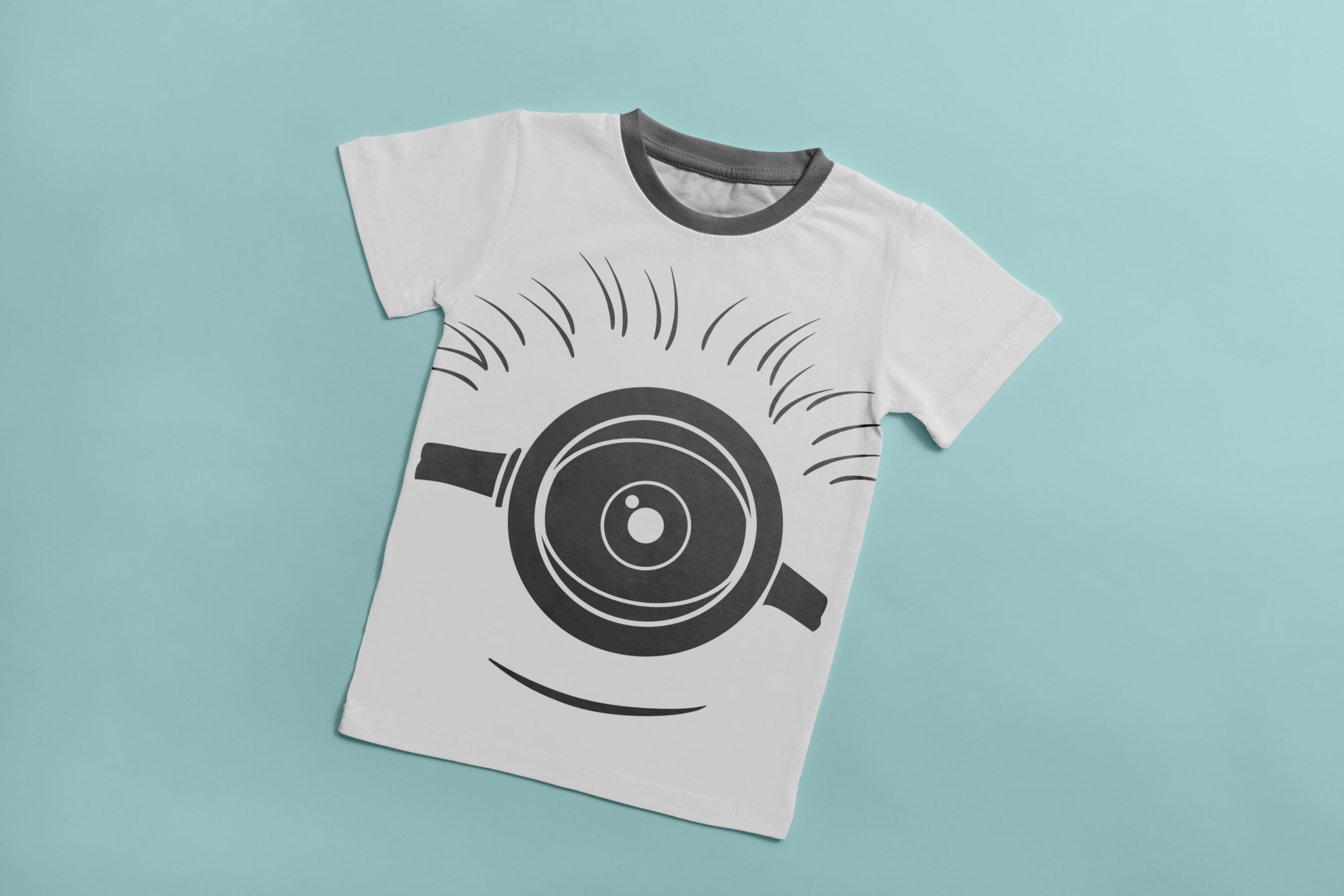 A white T-shirt with a gray collar and a gray silhouette of a happy minion.
