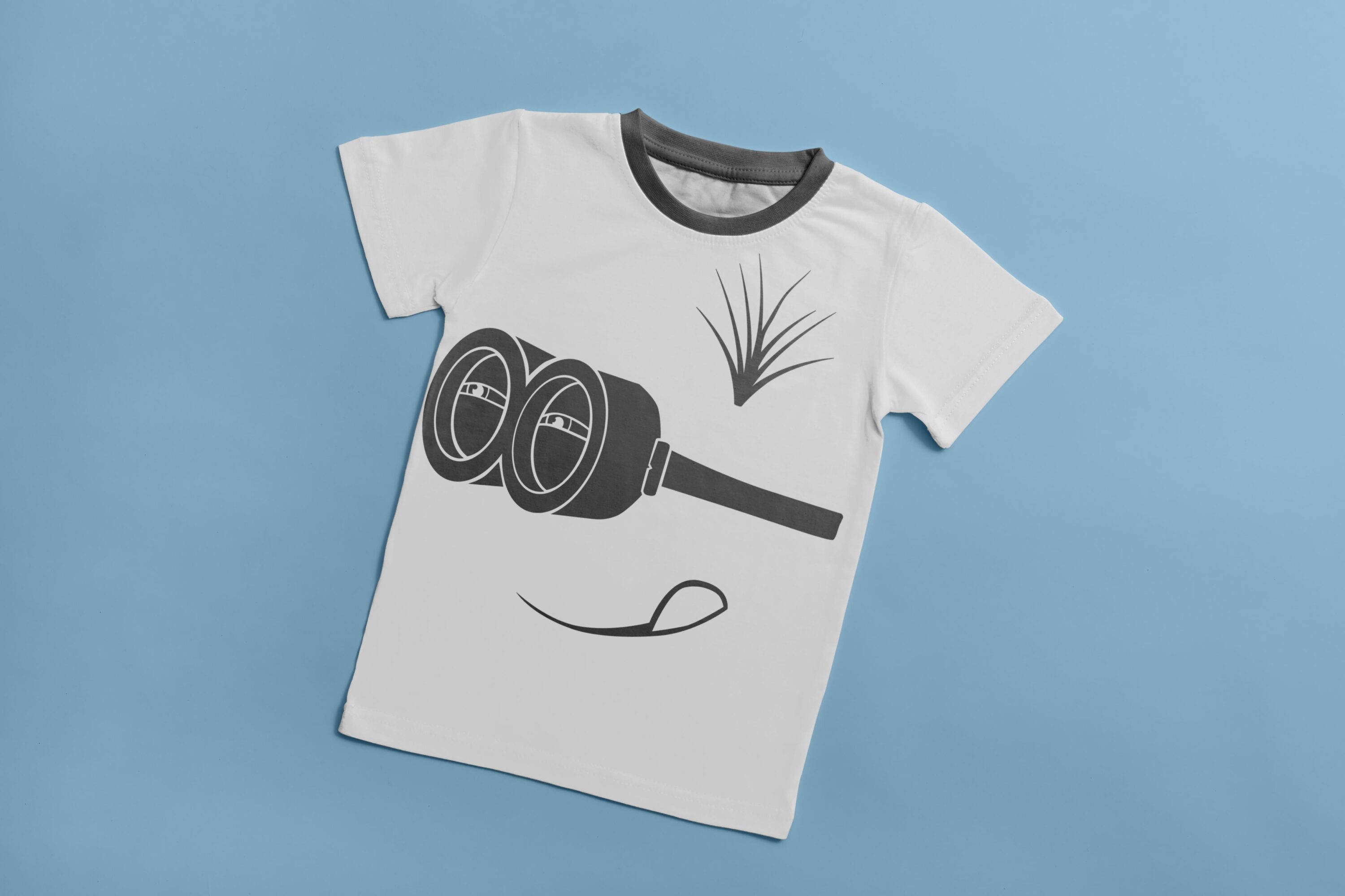 A white T-shirt with a gray collar and a gray silhouette of a interested minion.