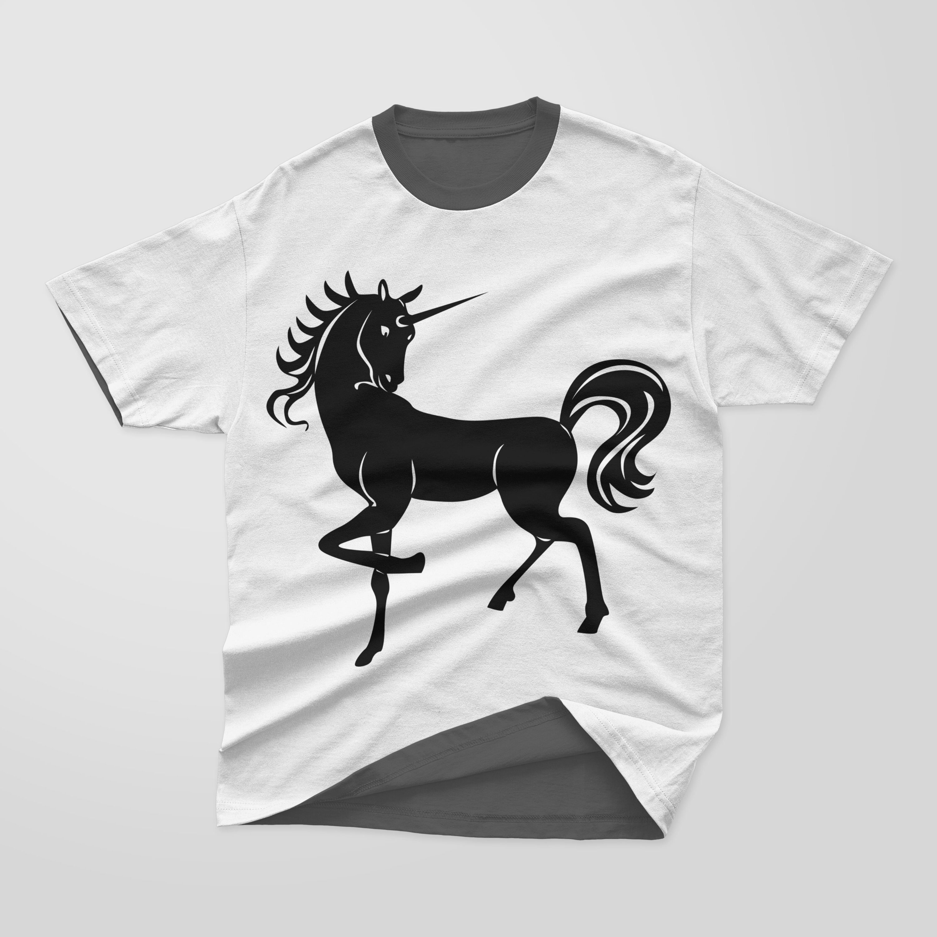 White and dark gray T-shirt with a dark gray collar and a black silhouette of a cute unicorn on a gray background.