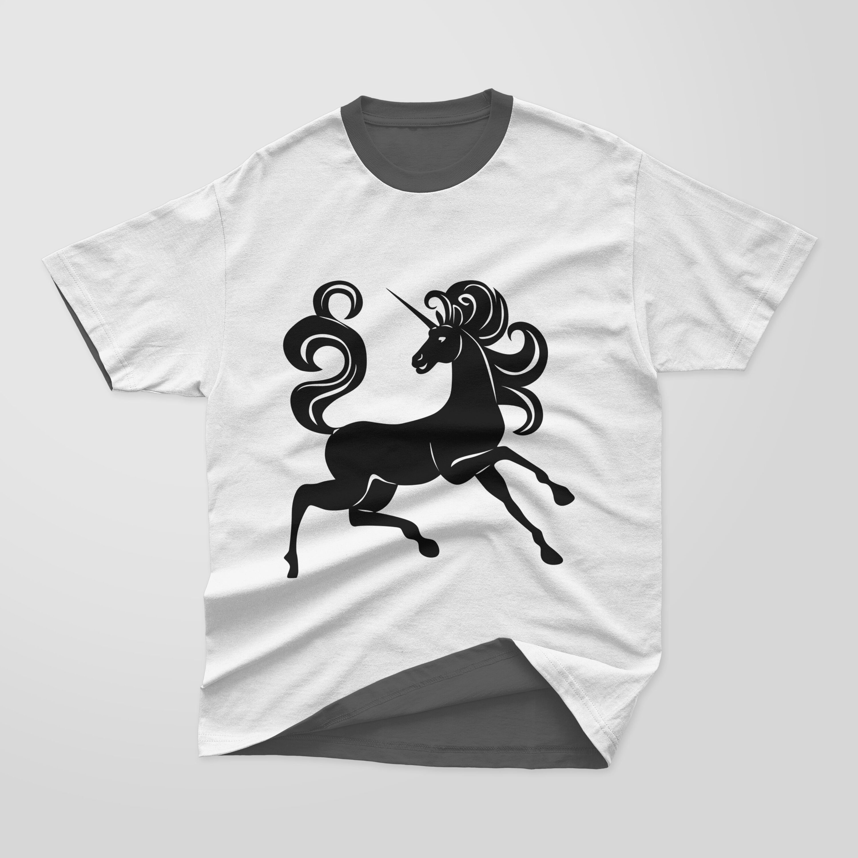 White and dark gray T-shirt with a dark gray collar and a black silhouette of a unicorn on a gray background.