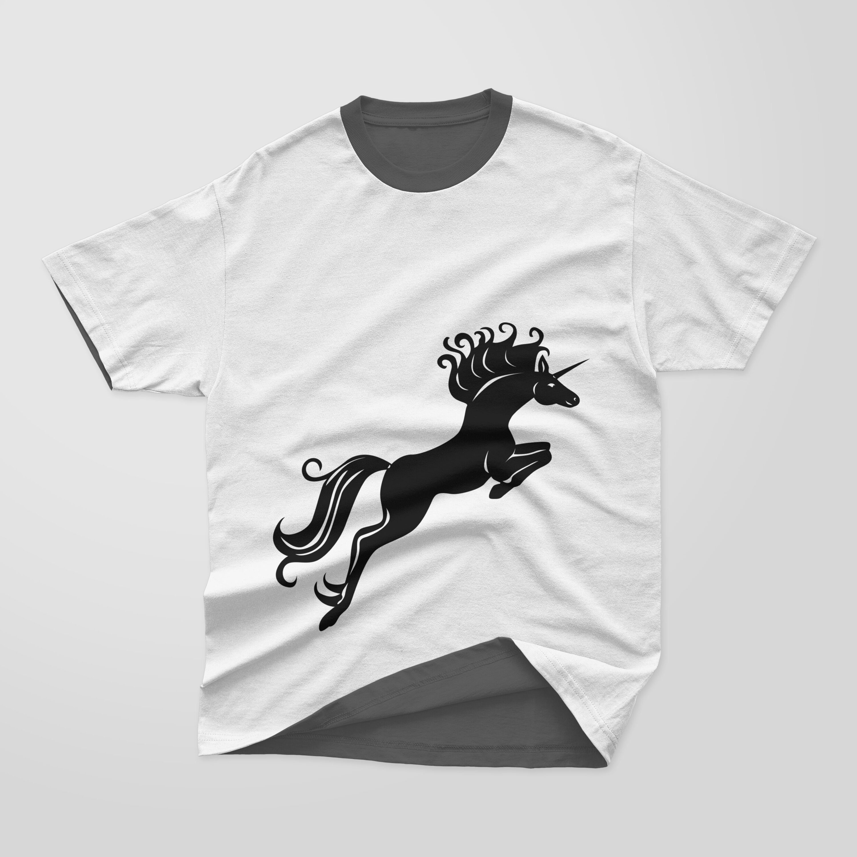 White and dark gray T-shirt with a dark gray collar and a black silhouette of a running unicorn on a gray background.